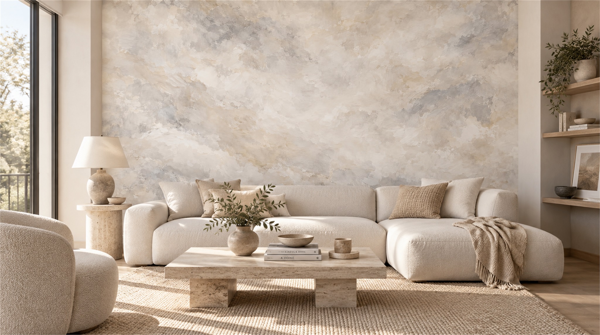 Ivory And Red Decorative Patterning Wallpaper Mural Living-room-wallpaper-murals, Shown In A Living Room, Peel-and-stick Finish