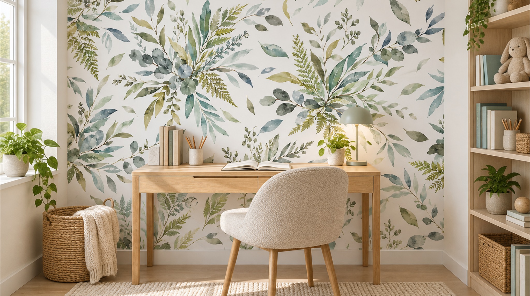 Red And Sage Green Leaf Patterning Wallpaper Mural Kids-room-wallpaper-murals, Peel-and-stick Finish