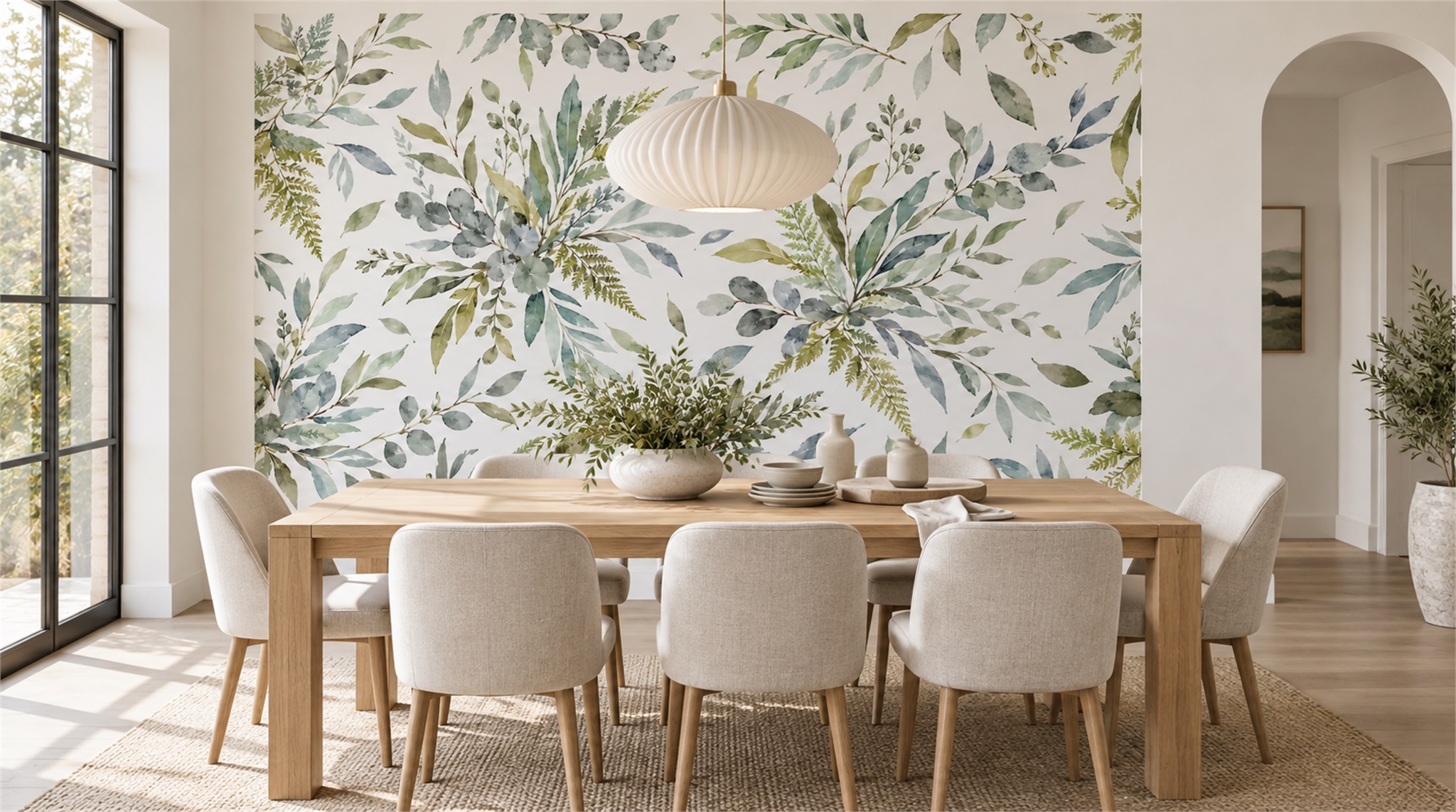 Red And Sage Green Leaf Patterning Wallpaper Mural Dining-room-wallpaper-murals, Shown In A Dining Room, Peel-and-stick Finish