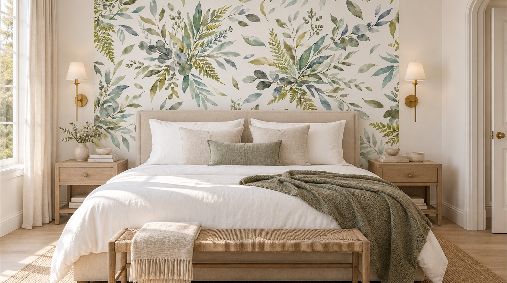 Red And Sage Green Leaf Patterning Wallpaper Mural Bedroom-wallpaper-murals, Peel-and-stick Finish