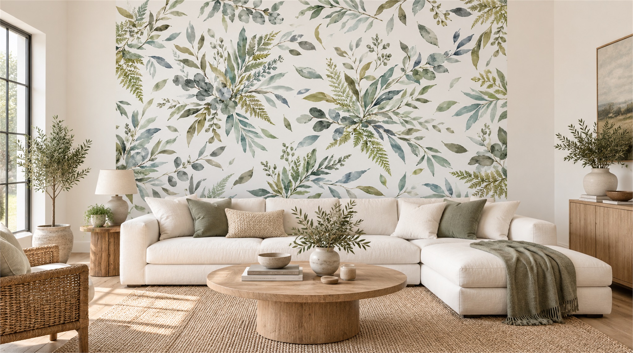 Sage Green Botanical Leaf Wallpaper Mural — Wallpaper Mural Design, Peel-and-stick Finish