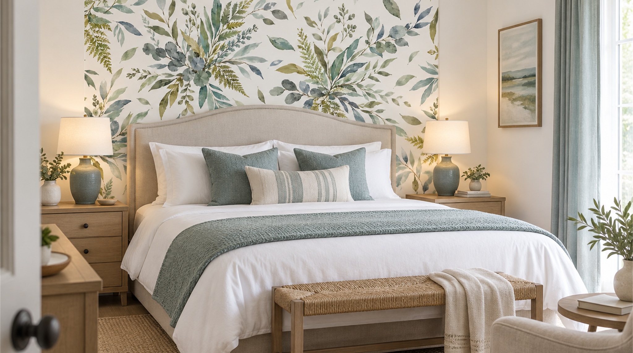 Red And Sage Green Leaf Patterning Wallpaper Mural Accent-wall-wallpaper-murals, Peel-and-stick Finish