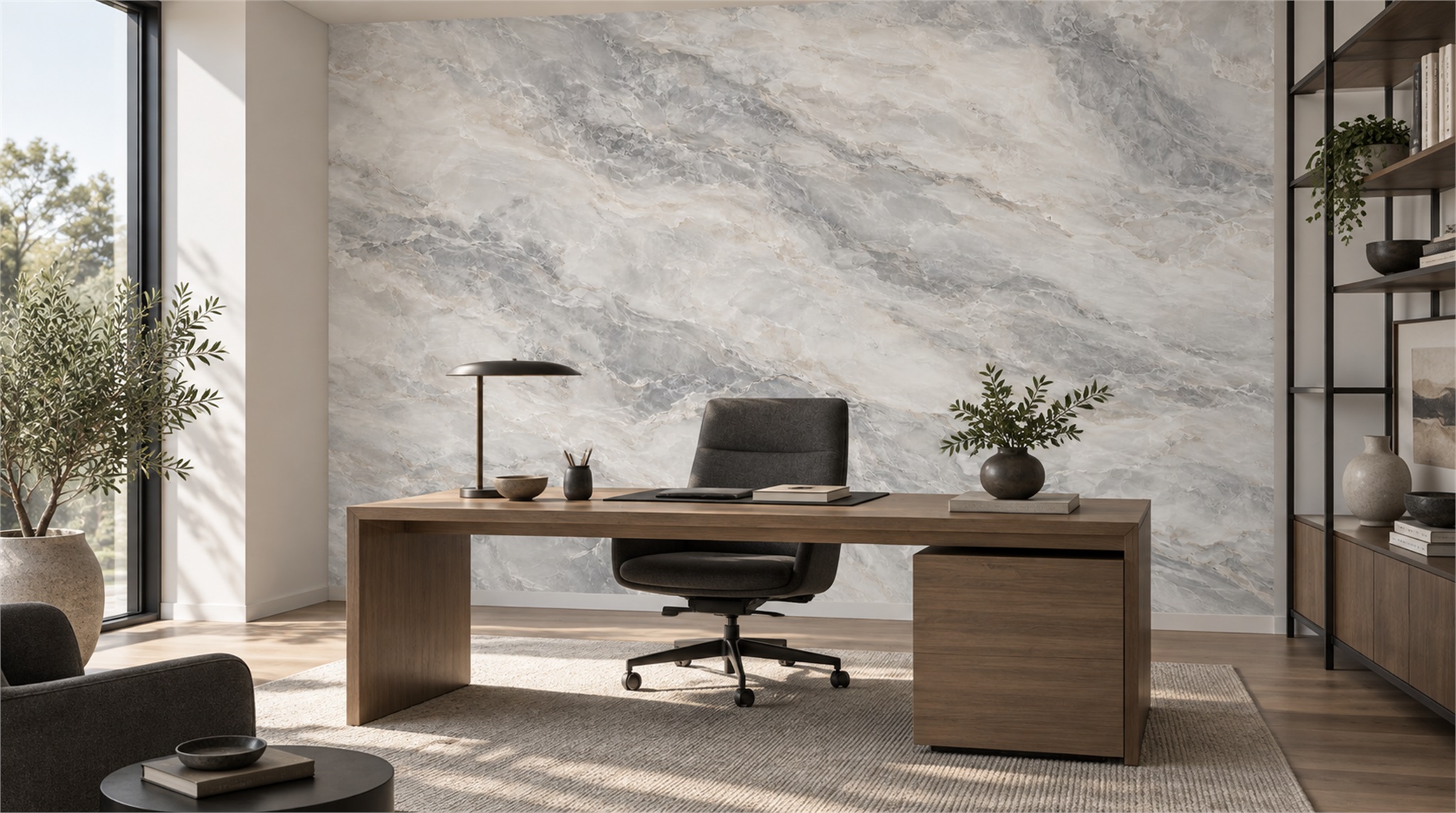 Grey And Red Marble Veining Wallpaper Mural Office-wallpaper-murals, Shown In A Home Office, Peel-and-stick Finish