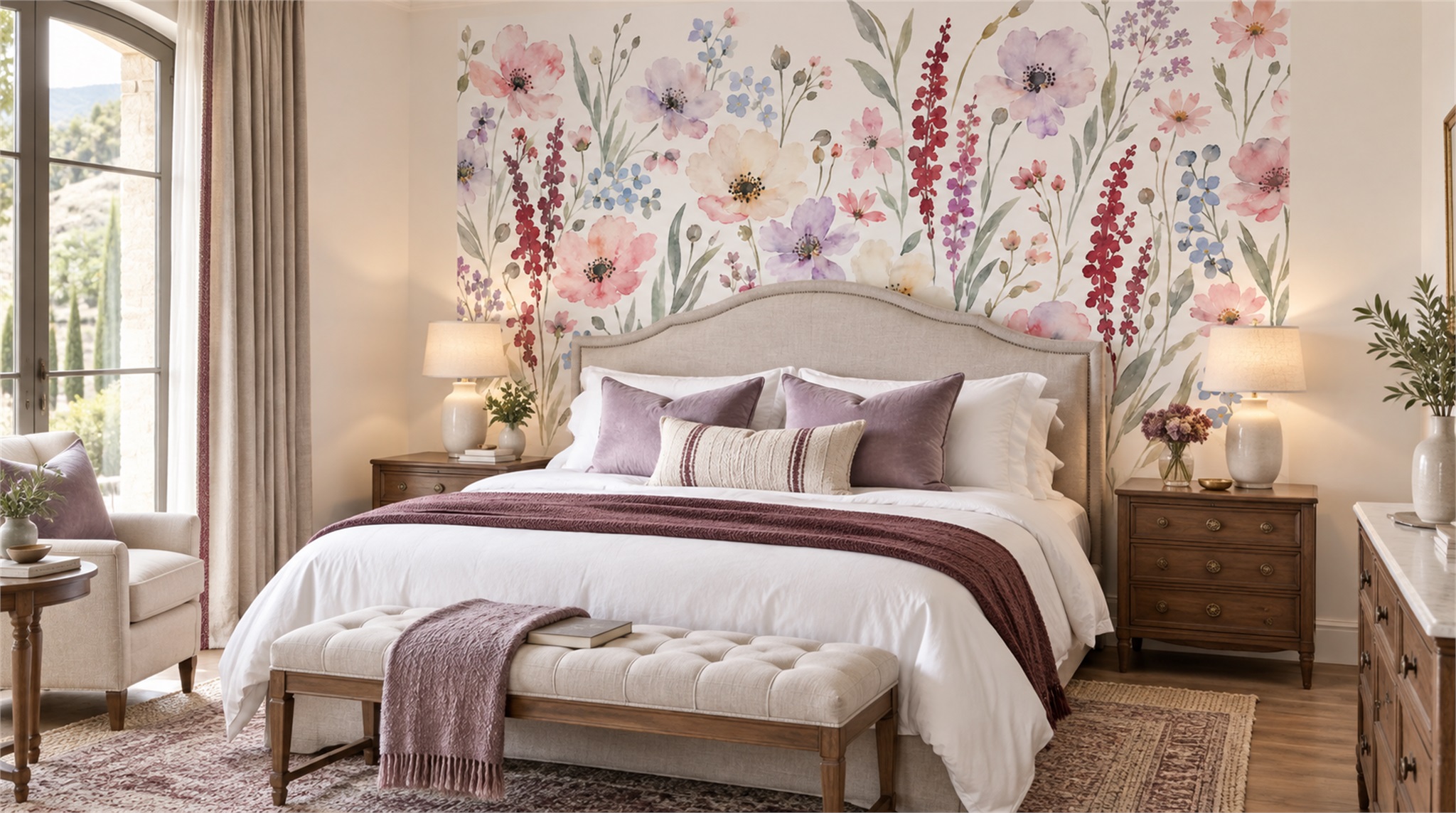 Red And Soft Pastel Decorative Patterning Wallpaper Mural Accent-wall-wallpaper-murals, Peel-and-stick Finish
