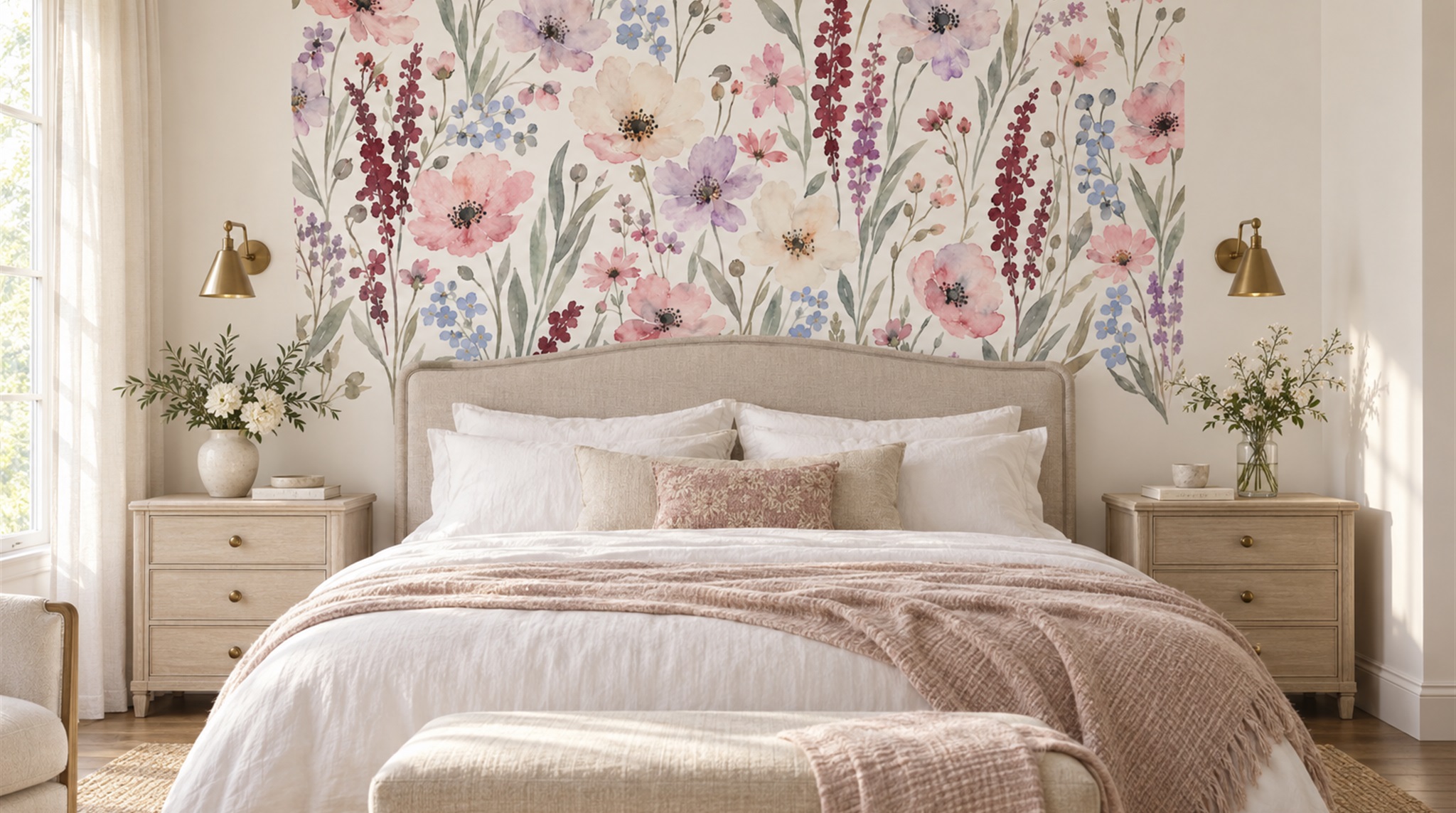 Red And Soft Pastel Decorative Patterning Wallpaper Mural Bedroom-wallpaper-murals, Peel-and-stick Finish