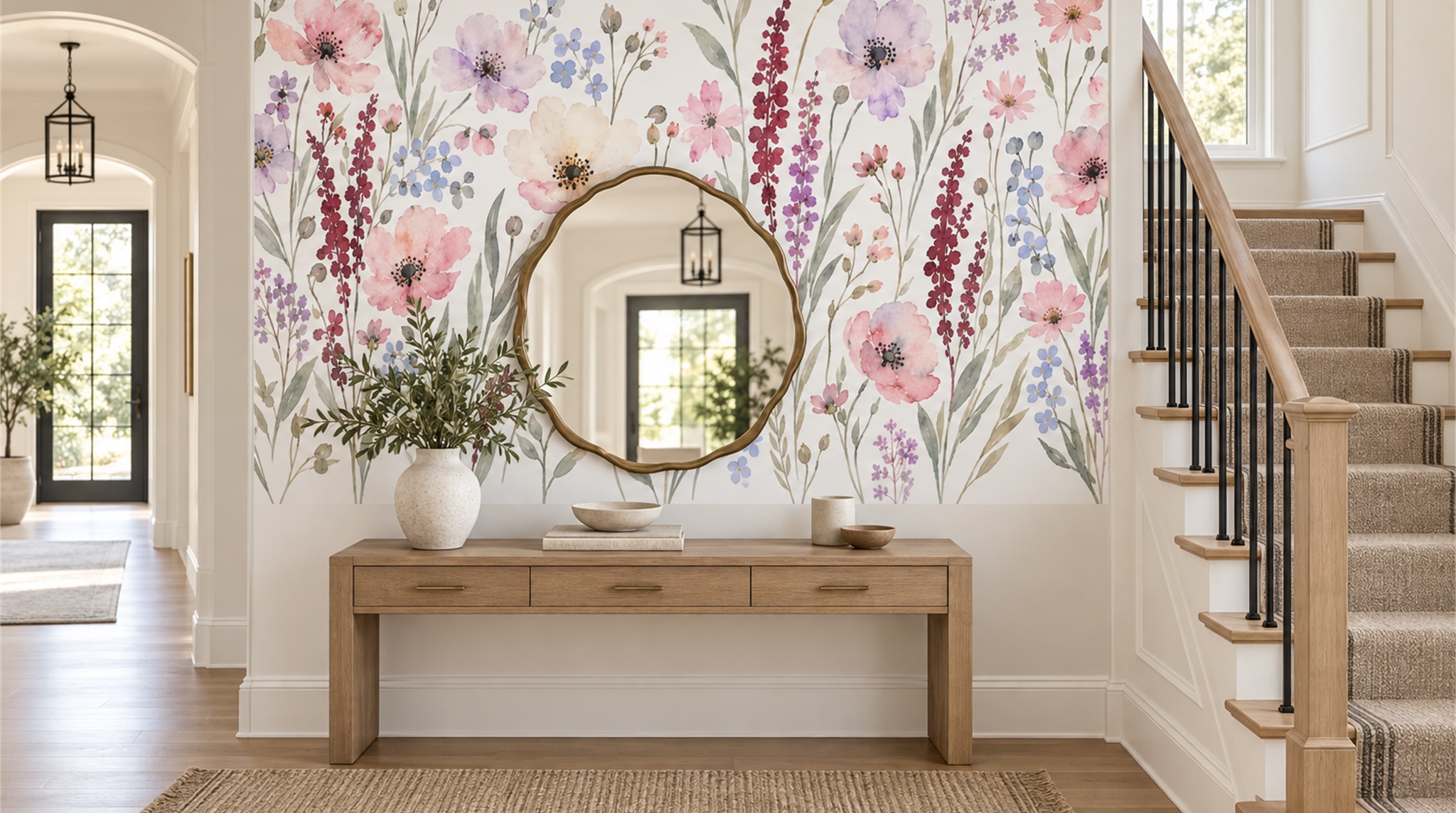 Red And Soft Pastel Decorative Patterning Wallpaper Mural Entryway-wallpaper-murals, Peel-and-stick Finish