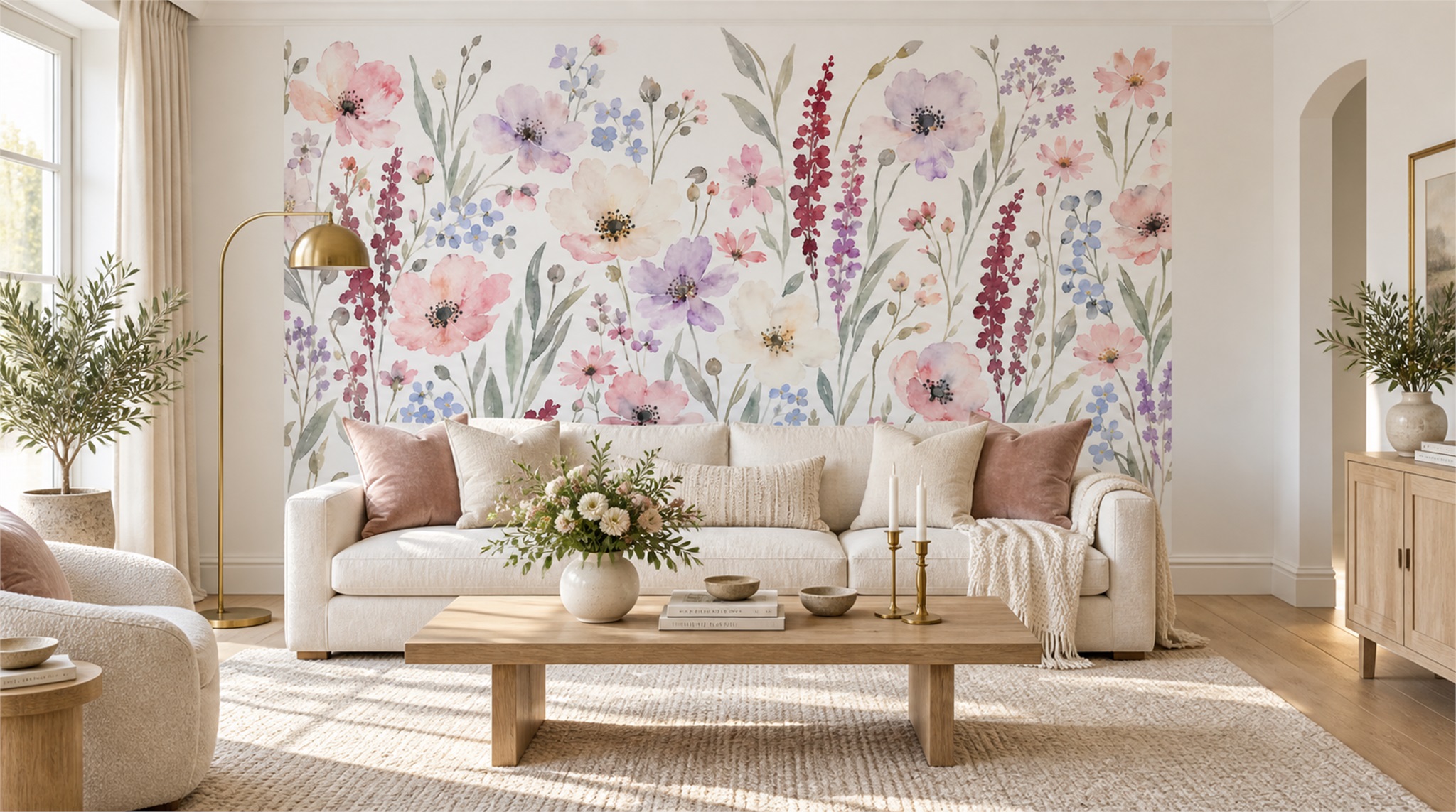 Red And Soft Pastel Decorative Patterning Wallpaper Mural Living-room-wallpaper-murals, Shown In A Living Room, Peel-and-stick Finish