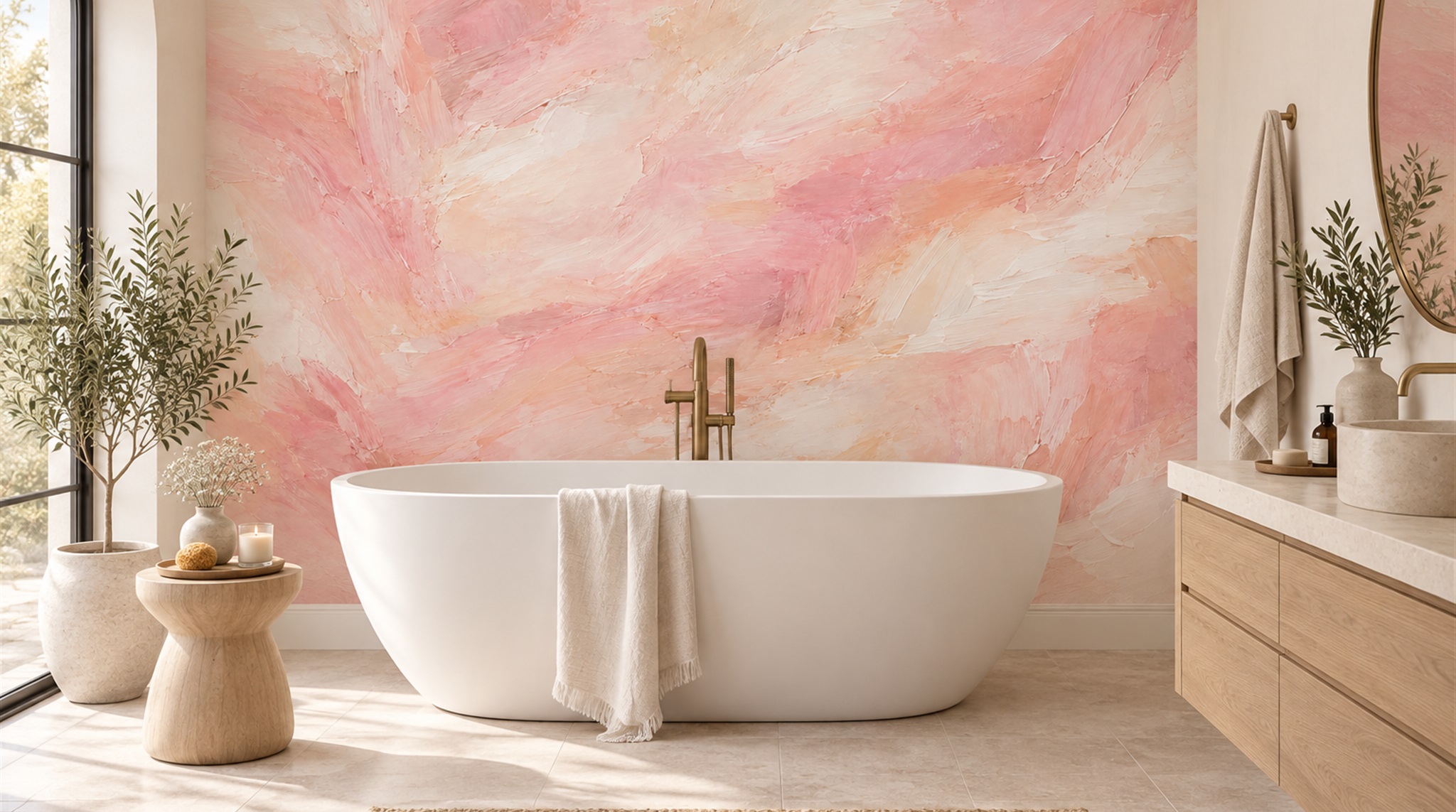 Red And Pink Decorative Patterning Layered Wallpaper Mural Bathroom-wallpaper-murals, Peel-and-stick Finish