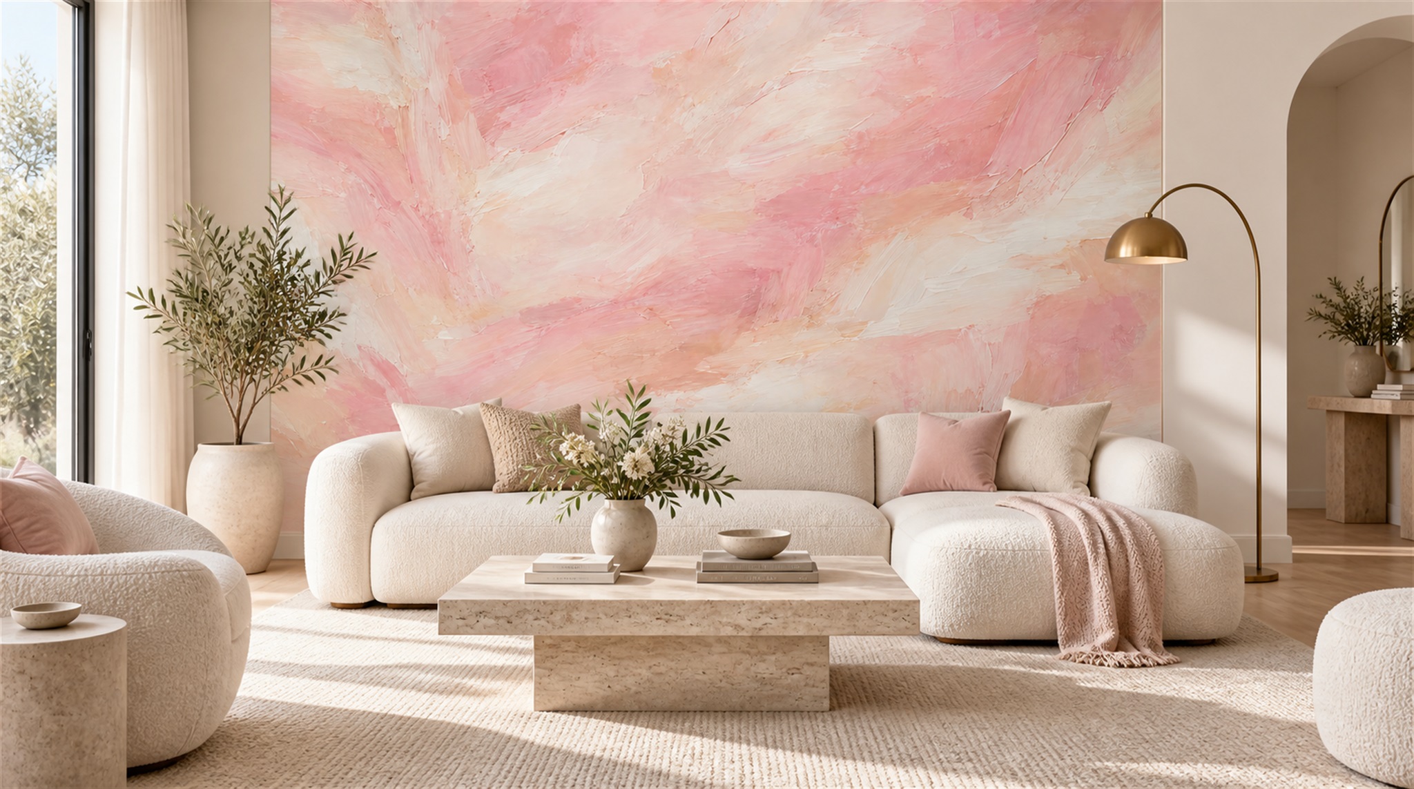 Red And Pink Decorative Patterning Layered Wallpaper Mural Living-room-wallpaper-murals, Shown In A Living Room, Peel-and-stick Finish