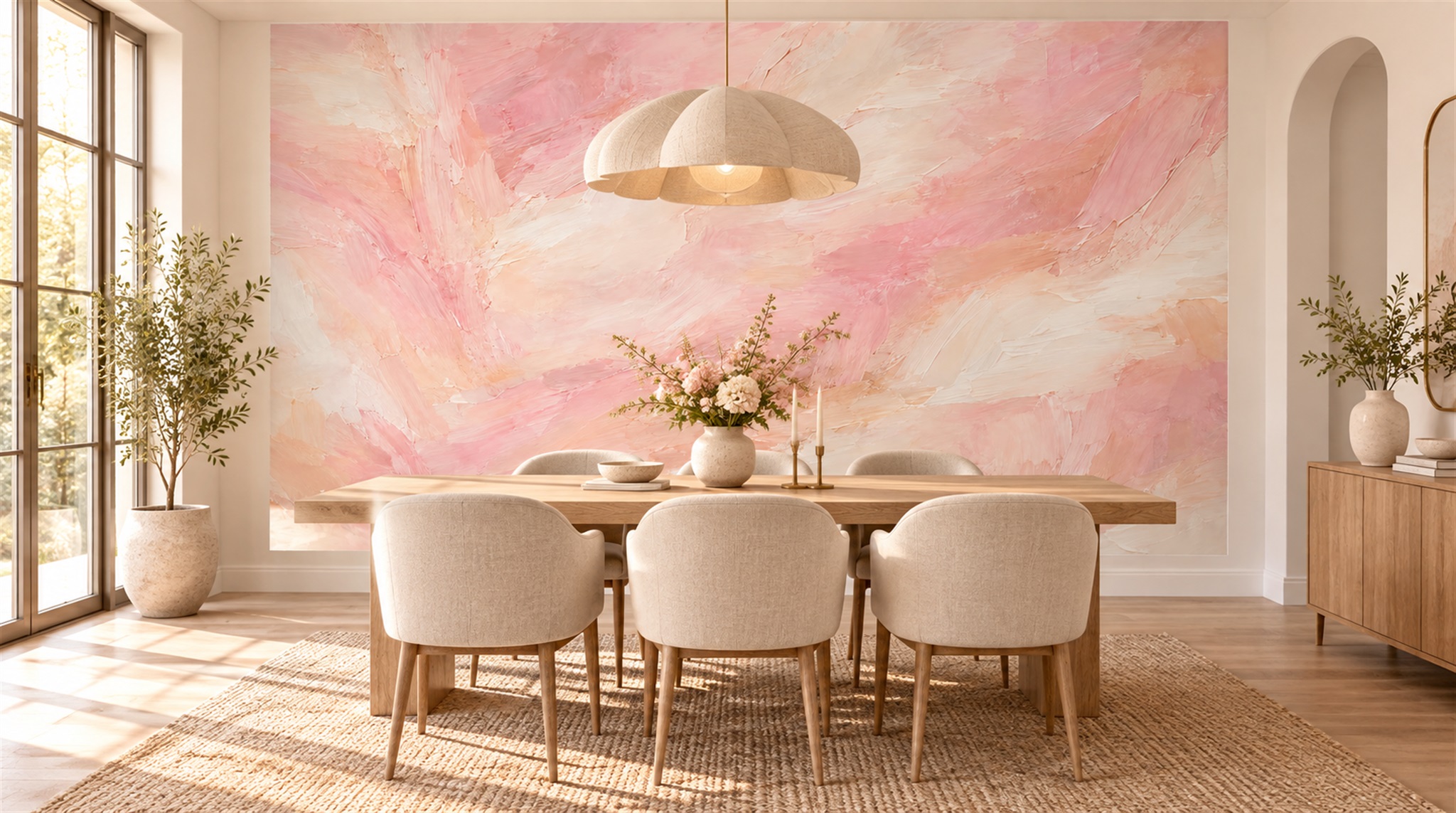 Red And Pink Decorative Patterning Layered Wallpaper Mural Dining-room-wallpaper-murals, Peel-and-stick Finish