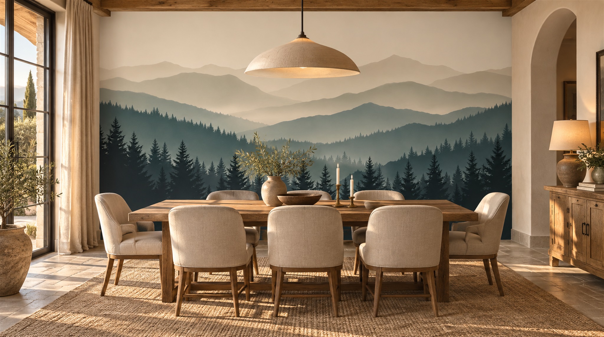 Misty Evergreen Mountain Forest Wallpaper Mural — Wallpaper Mural Design, Peel-and-stick Finish