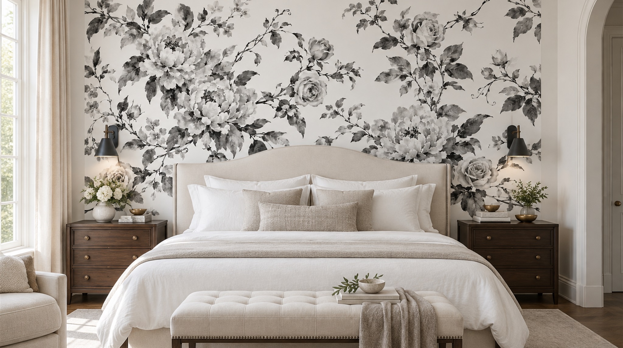 Red And Neutral Decorative Patterning Layered Wallpaper Mural Bedroom-wallpaper-murals, Peel-and-stick Finish