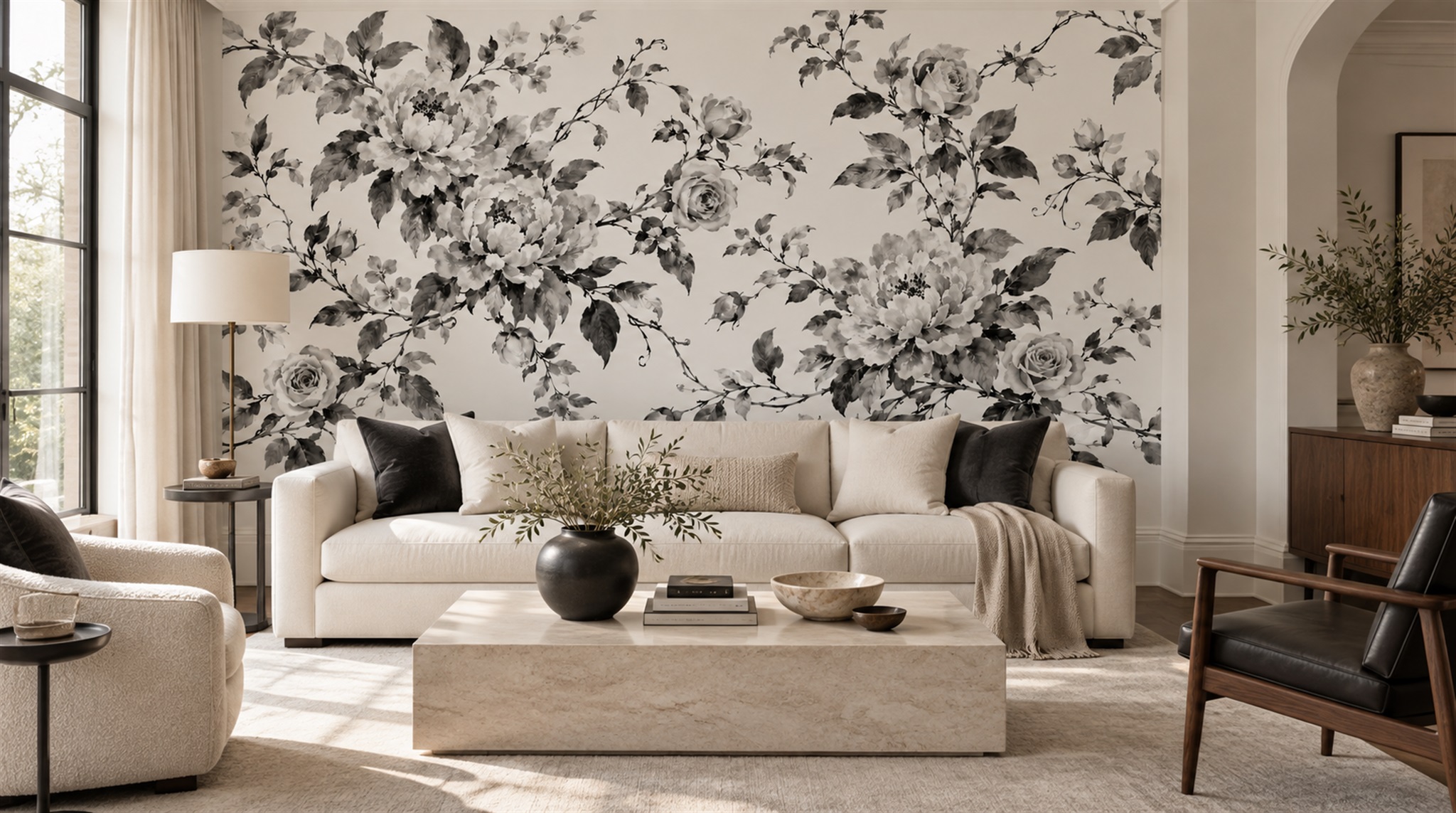 Red And Neutral Decorative Patterning Layered Wallpaper Mural Living-room-wallpaper-murals, Shown In A Living Room, Peel-and-stick Finish