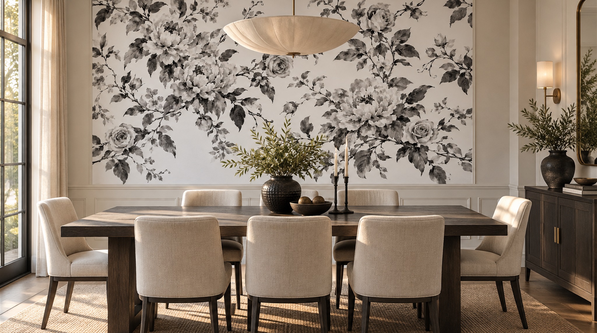 Monochrome Botanical Flower And Leaf Wallpaper Mural — Wallpaper Mural Design, Peel-and-stick Finish
