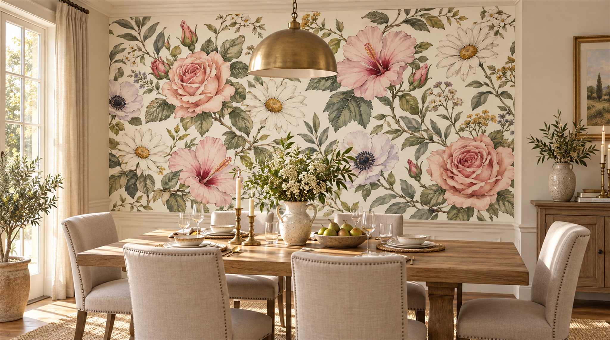 Cream And Red Decorative Patterning Wallpaper Mural Dining-room-wallpaper-murals, Shown In A Dining Room, Peel-and-stick Finish