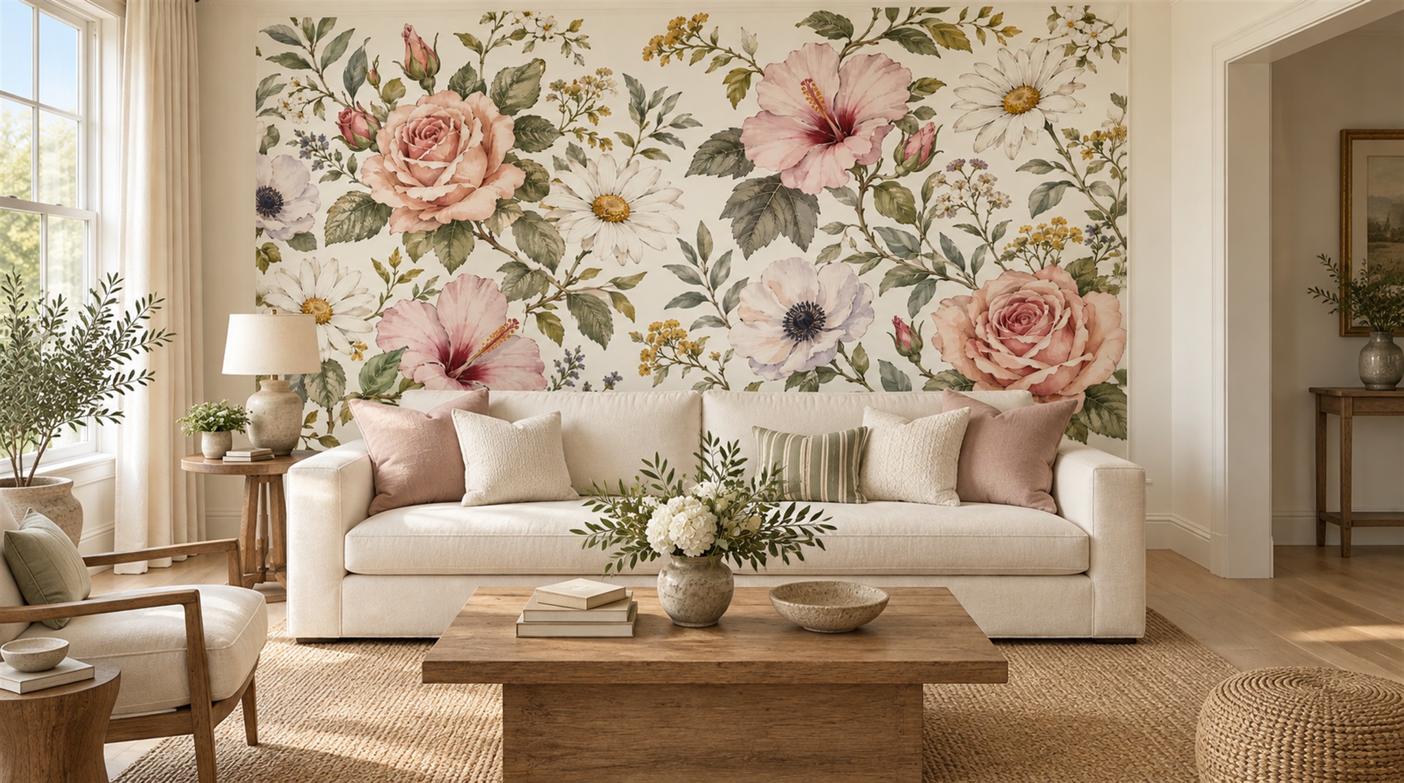 Cream And Red Decorative Patterning Wallpaper Mural Living-room-wallpaper-murals, Shown In A Living Room, Peel-and-stick Finish