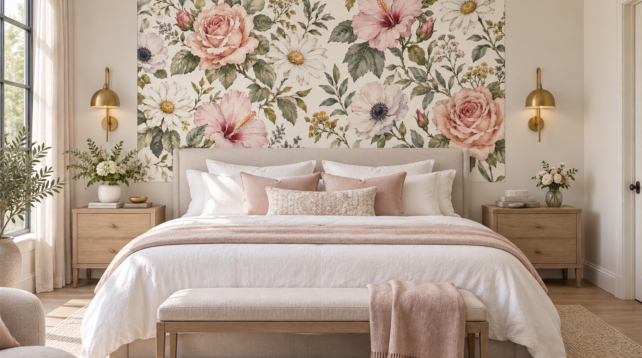 Cream And Red Decorative Patterning Wallpaper Mural Bedroom-wallpaper-murals, Peel-and-stick Finish