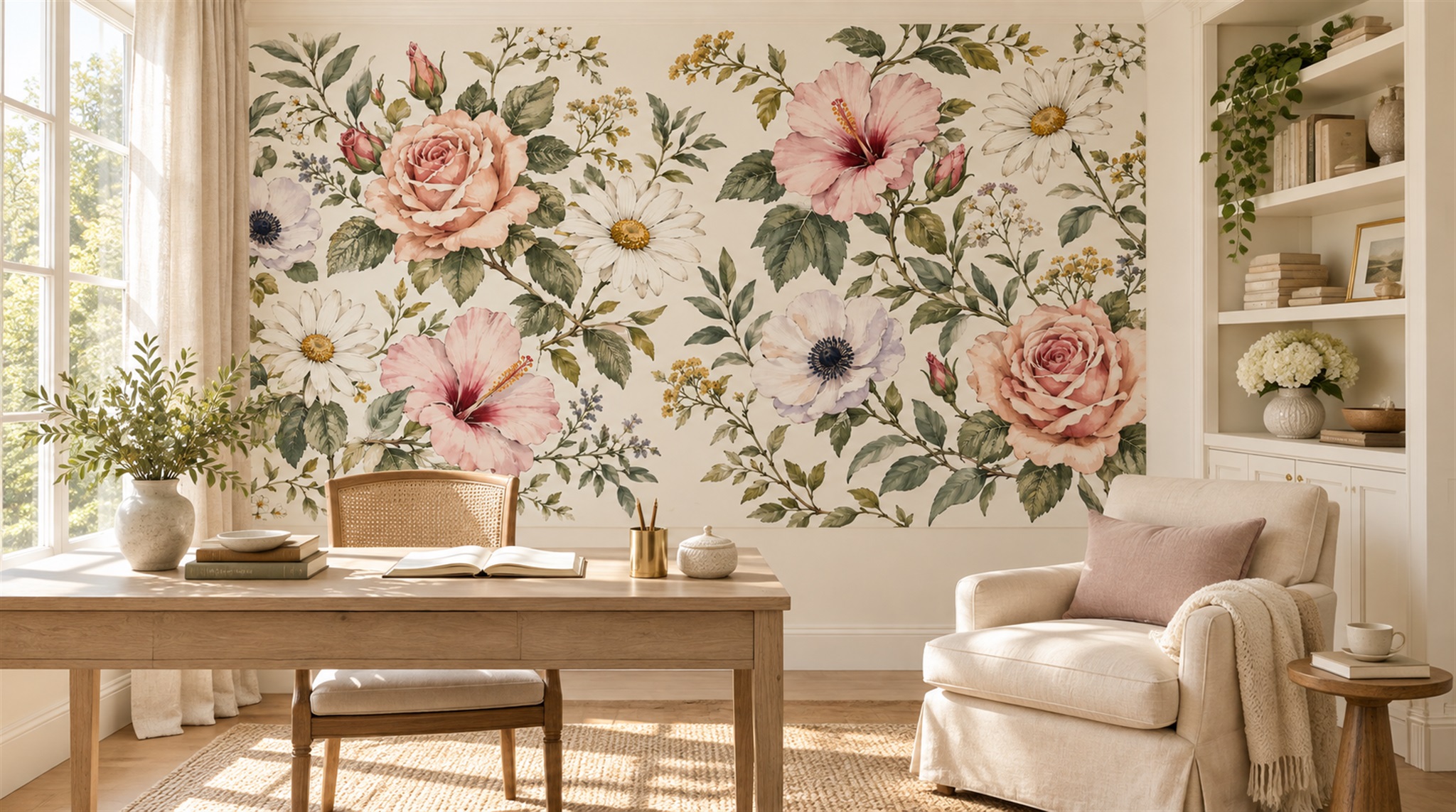 Cream And Red Decorative Patterning Wallpaper Mural Accent-wall-wallpaper-murals, Peel-and-stick Finish
