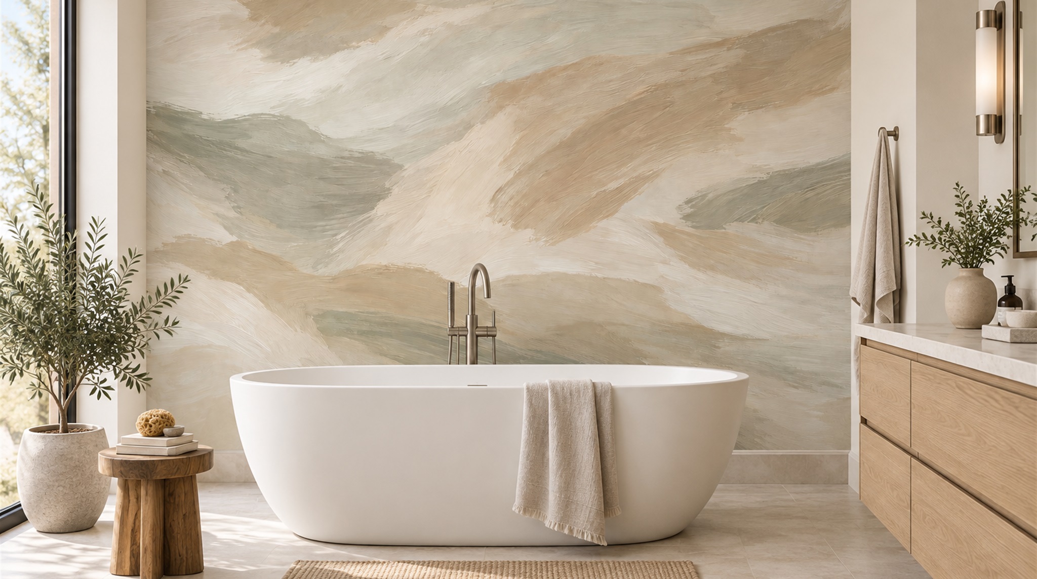 Beige And Red Abstract Forms Wallpaper Mural Bathroom-wallpaper-murals, Peel-and-stick Finish
