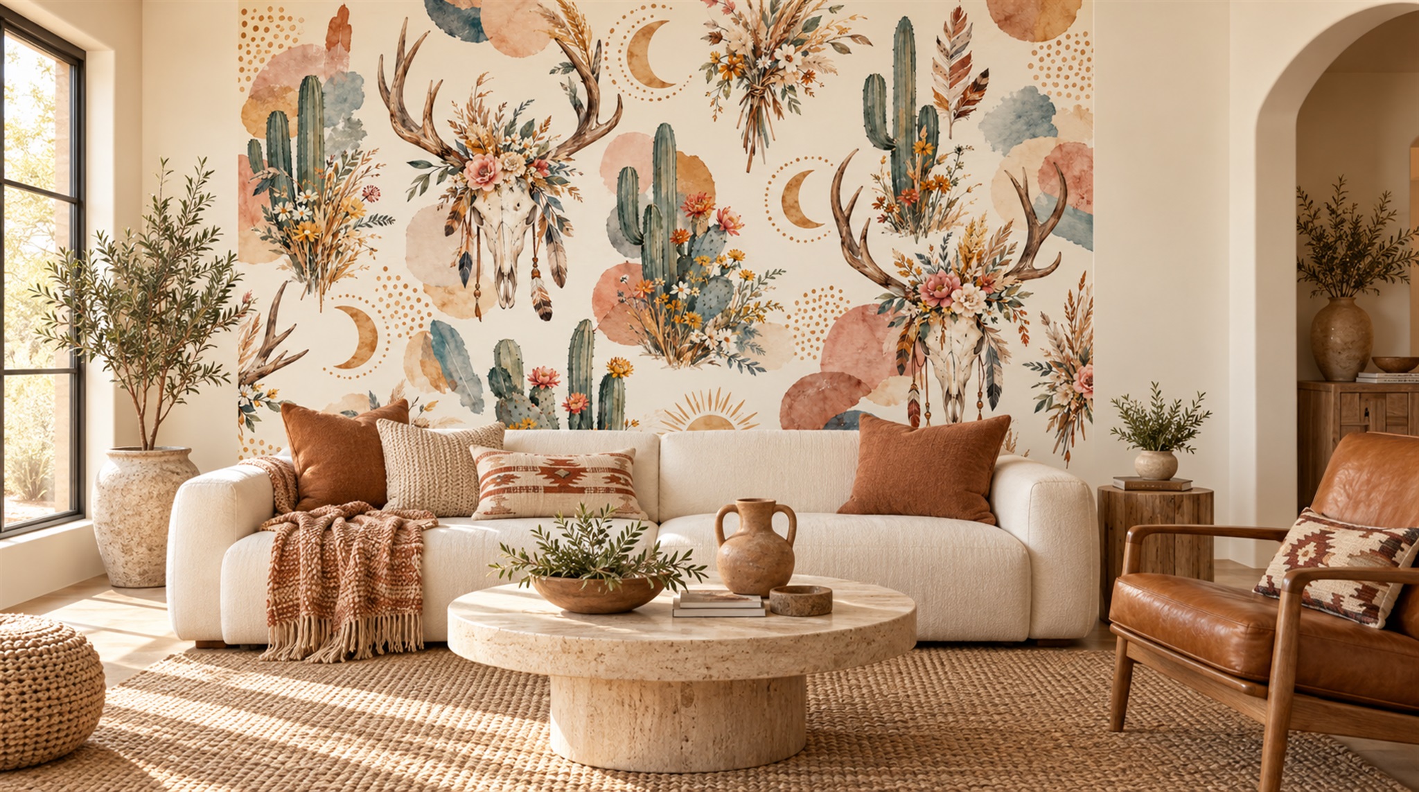 Cream And Red Leaf Patterning Wallpaper Mural Living-room-wallpaper-murals, Shown In A Living Room, Peel-and-stick Finish