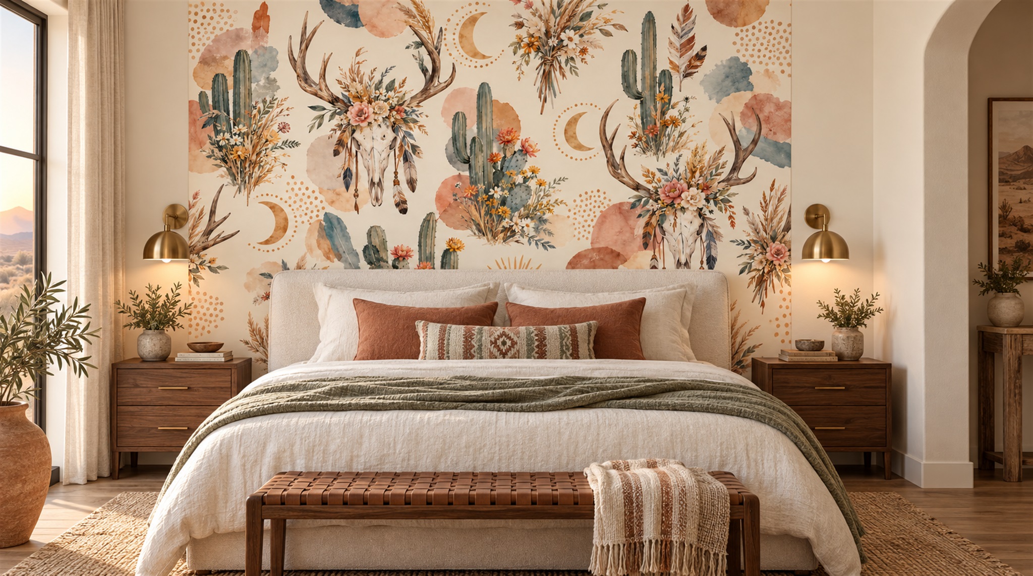 Cream And Red Leaf Patterning Wallpaper Mural Bedroom-wallpaper-murals, Peel-and-stick Finish