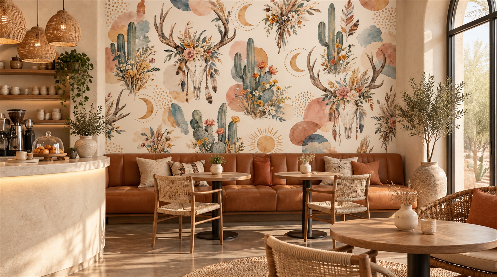 Cream And Red Leaf Patterning Wallpaper Mural Cafe-wallpaper-murals, Peel-and-stick Finish