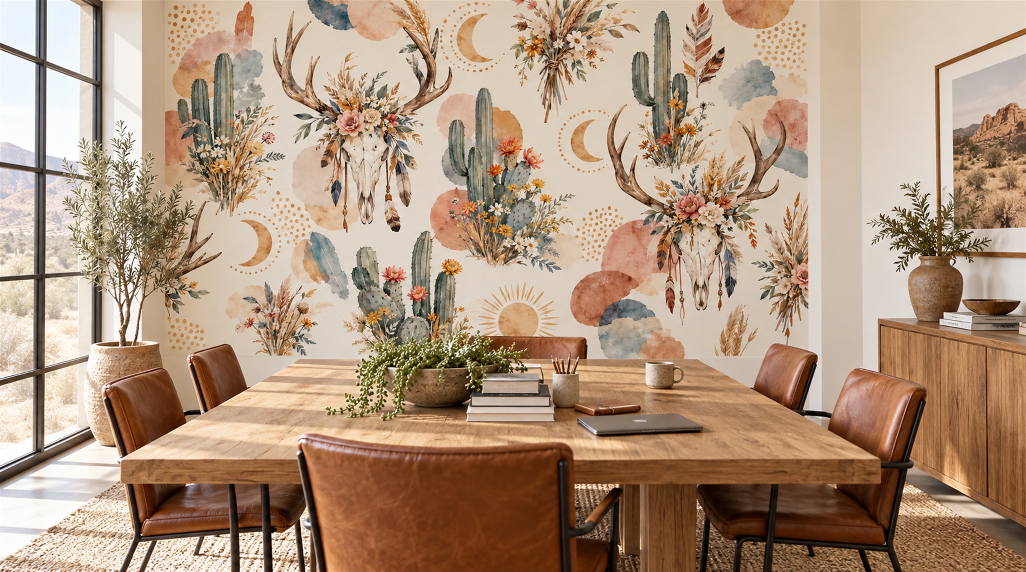 Cream And Red Leaf Patterning Wallpaper Mural Office-wallpaper-murals, Shown In A Home Office, Peel-and-stick Finish