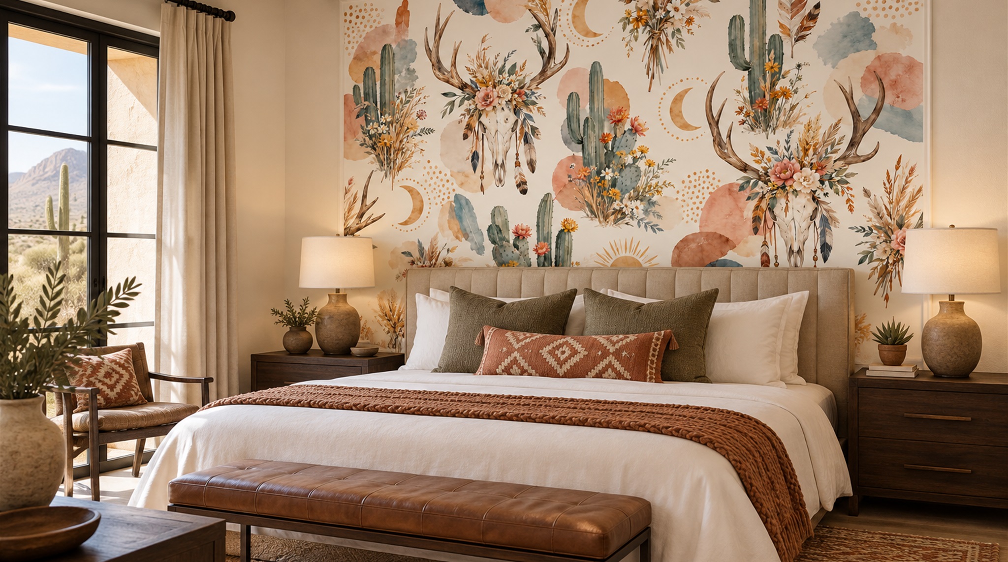 Cream And Red Leaf Patterning Wallpaper Mural Accent-wall-wallpaper-murals, Peel-and-stick Finish