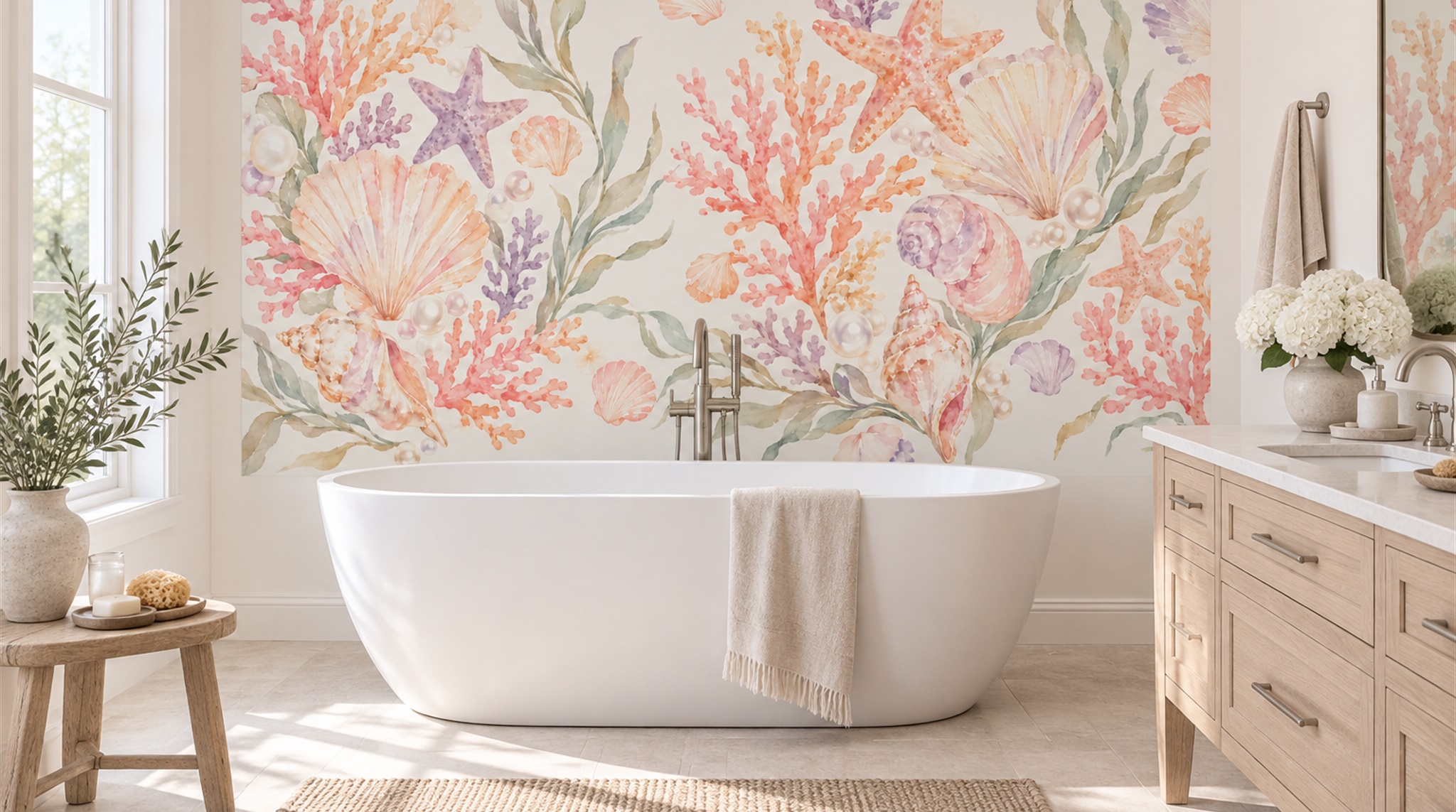 Red And Soft Pastel Decorative Patterning Wallpaper Bathroom-wallpaper-murals, Peel-and-stick Finish