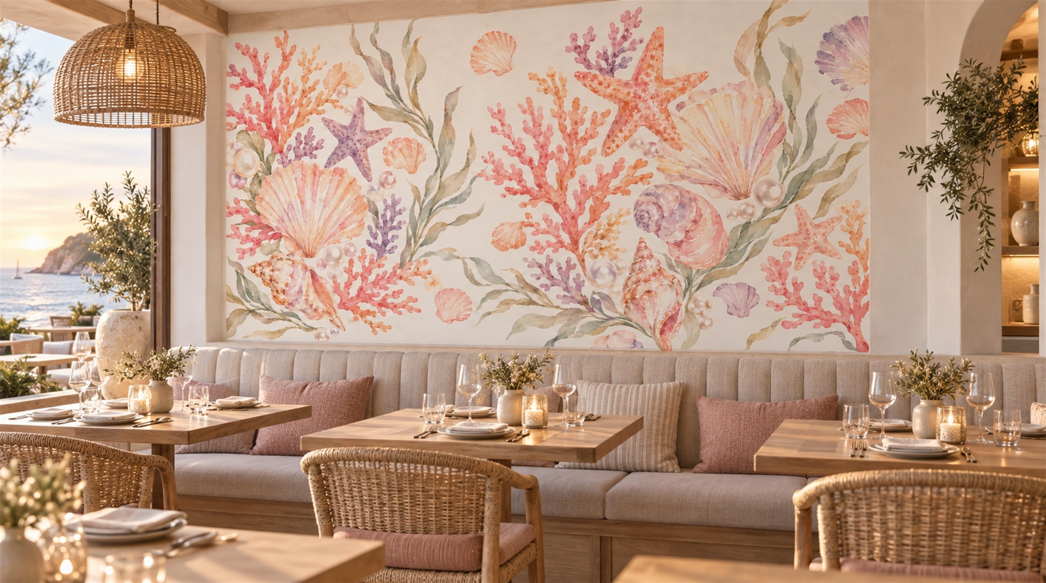 Pastel Coral Reef And Seashell Wallpaper Mural — Wallpaper Mural Design, Peel-and-stick Finish