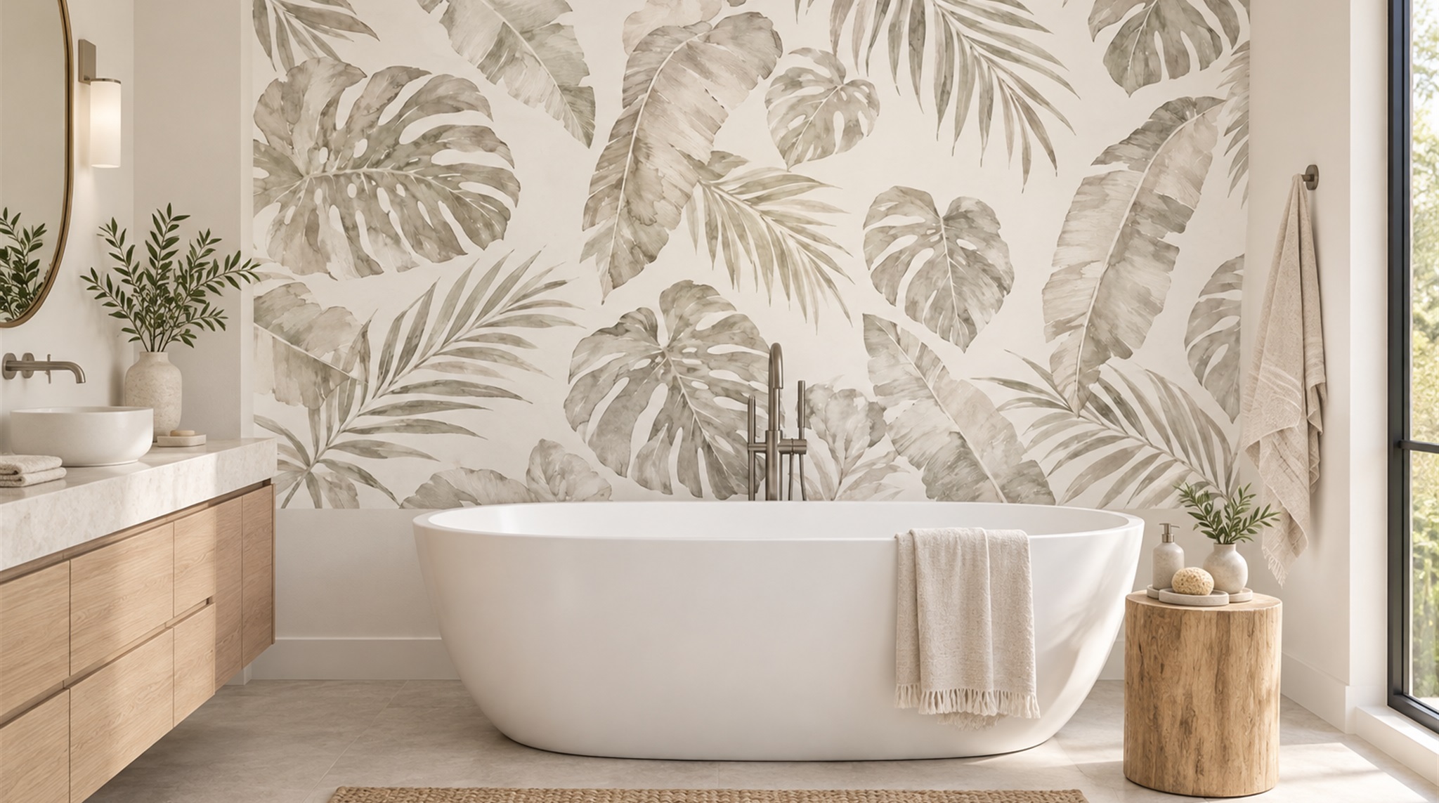 Ivory And Red Palm Leaves Wallpaper Mural Bathroom-wallpaper-murals, Peel-and-stick Finish