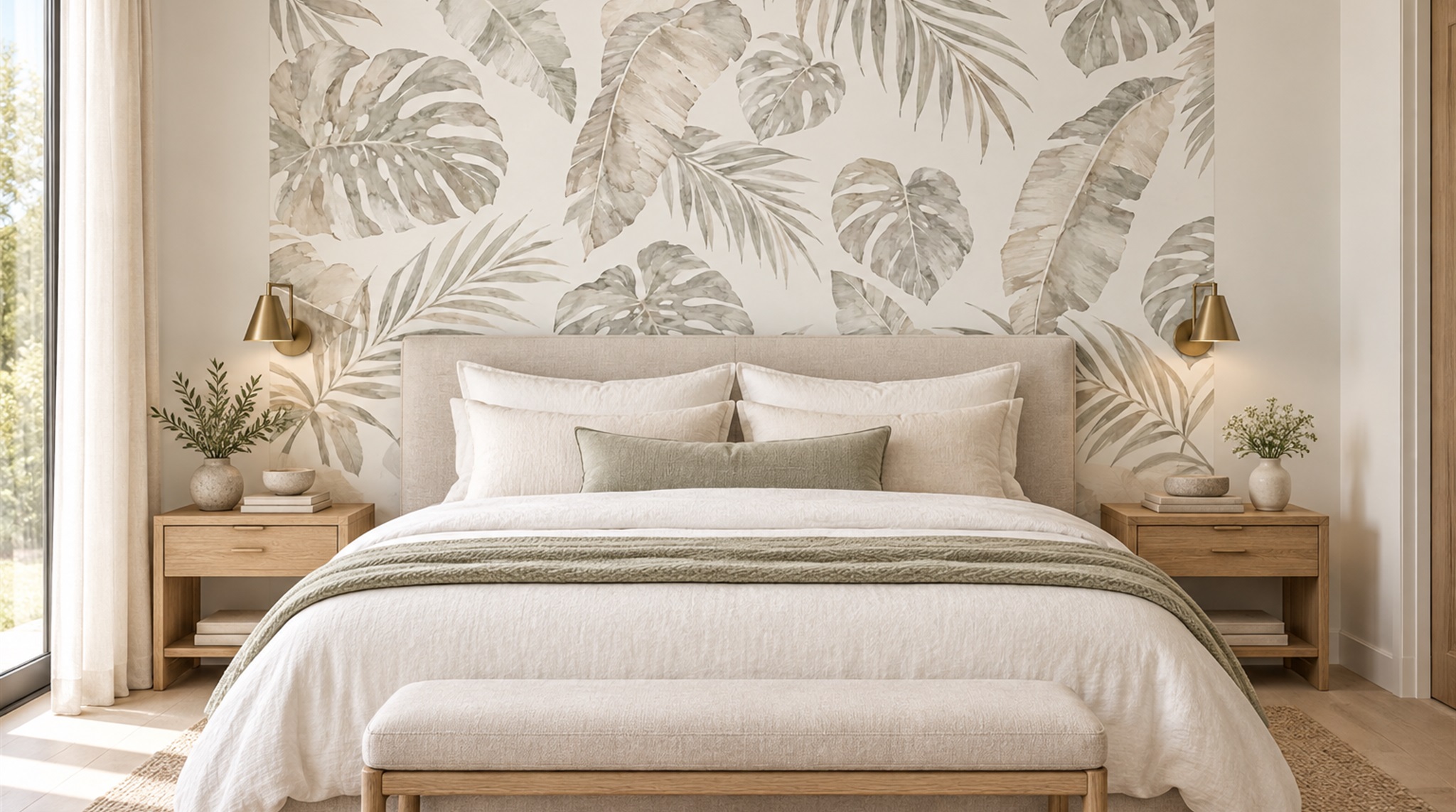 Ivory And Red Palm Leaves Wallpaper Mural Bedroom-wallpaper-murals, Peel-and-stick Finish