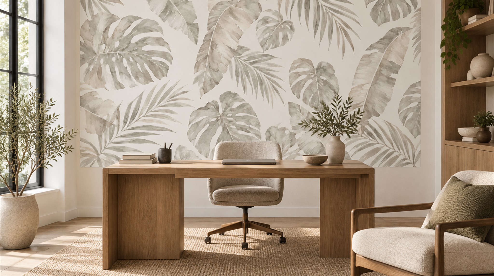 Ivory And Red Palm Leaves Wallpaper Mural Office-wallpaper-murals, Shown In A Home Office, Peel-and-stick Finish