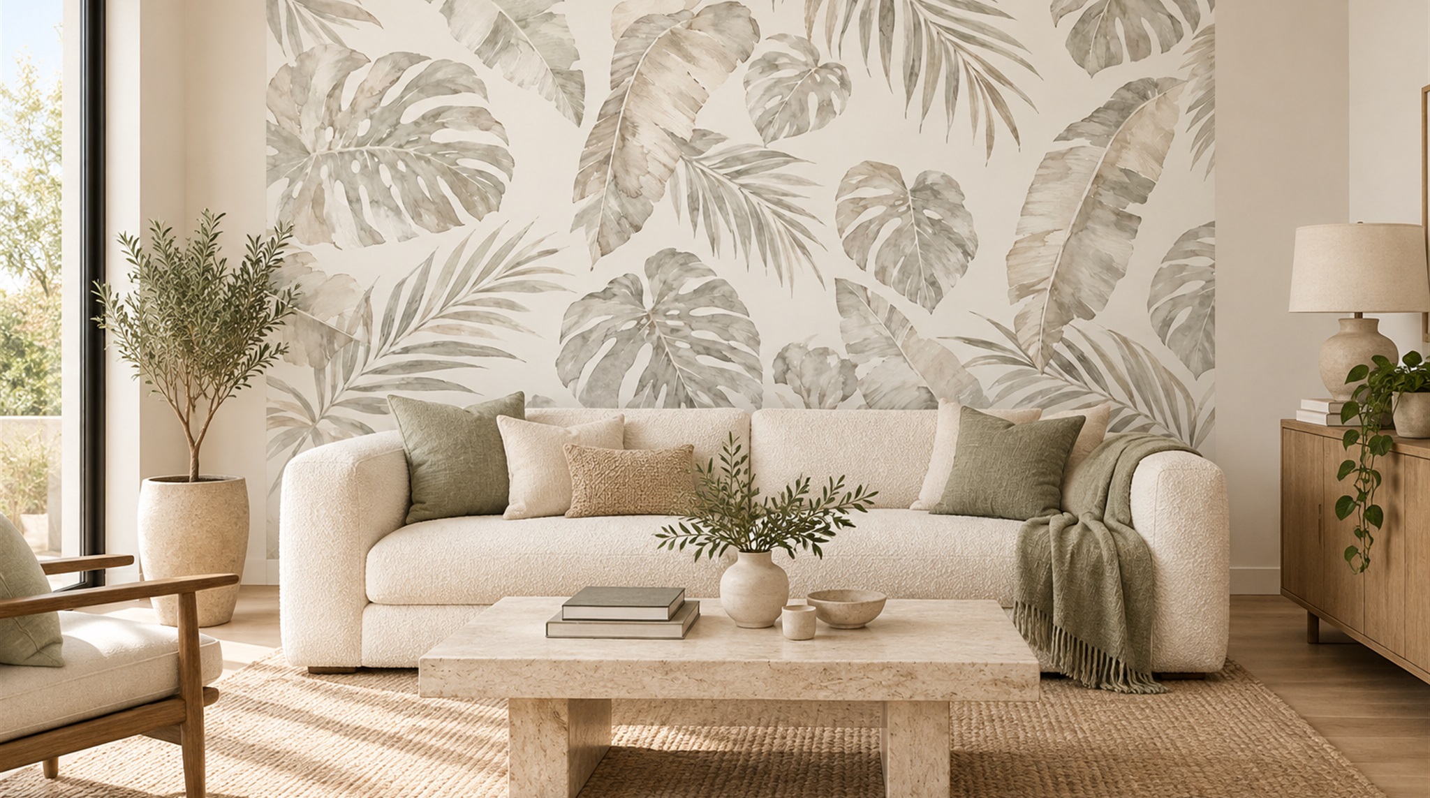 Ivory And Sage Tropical Palm Leaf Wallpaper Mural — Wallpaper Mural Design, Peel-and-stick Finish