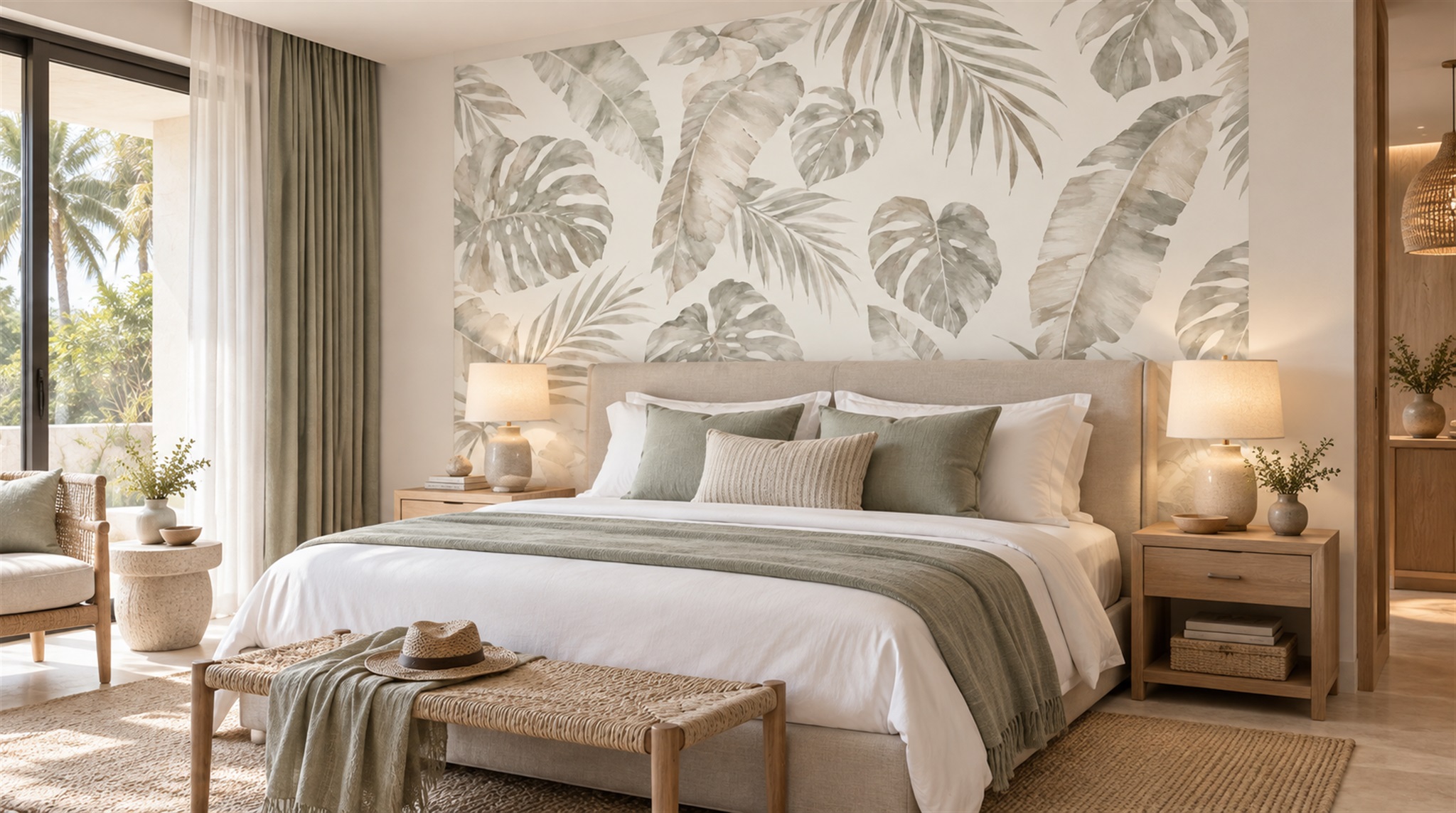 Ivory And Red Palm Leaves Wallpaper Mural Living-room-wallpaper-murals, Peel-and-stick Finish