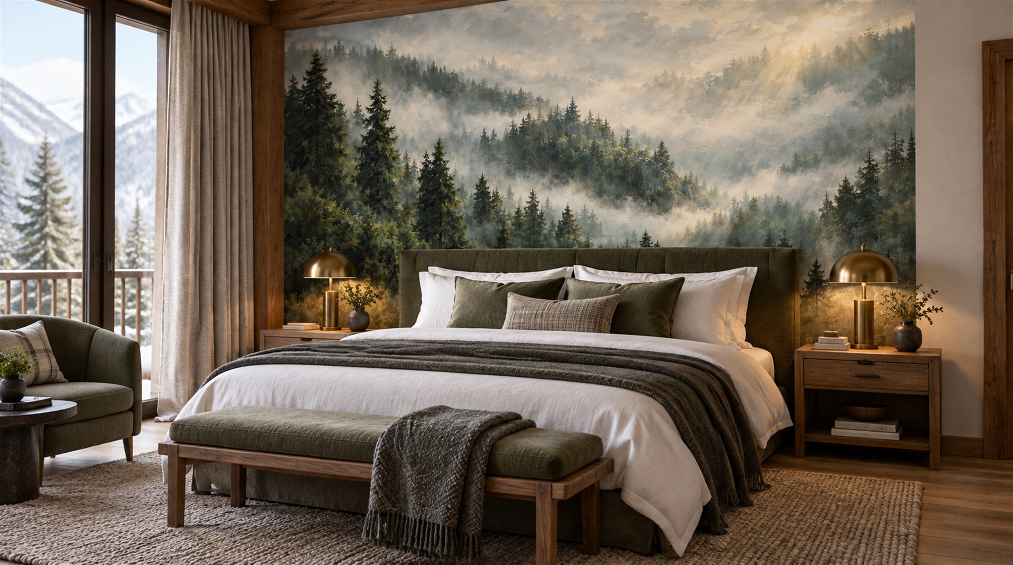 Red And Green Woodland Trees Wallpaper Mural Feature-wall-wallpaper-murals, Peel-and-stick Finish