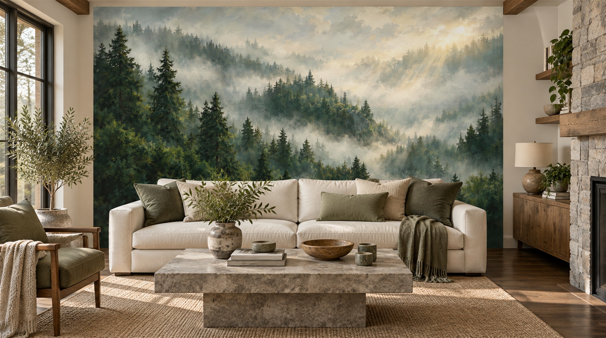 Red And Green Woodland Trees Wallpaper Mural Living-room-wallpaper-murals, Shown In A Living Room, Peel-and-stick Finish