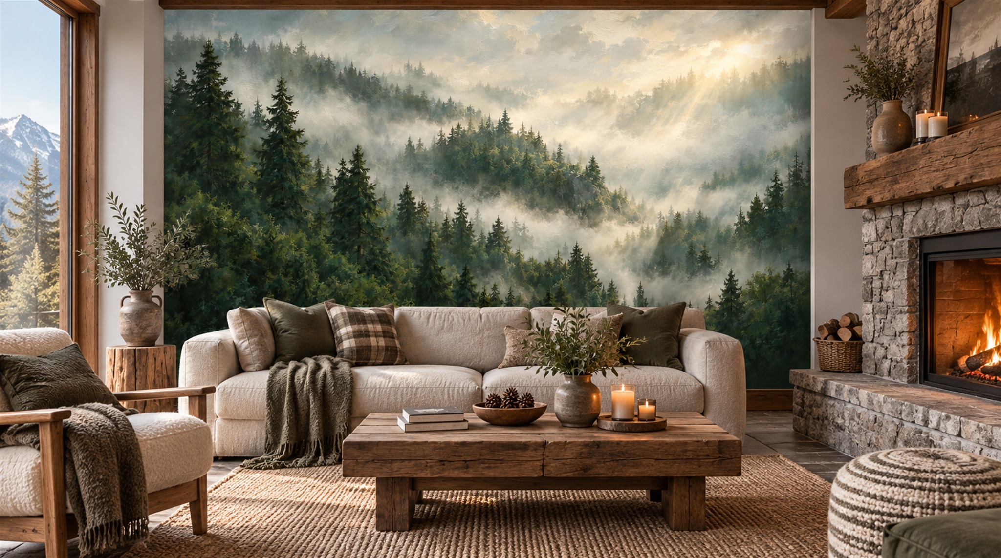 Misty Evergreen Forest Wallpaper Mural — Wallpaper Mural Design, Peel-and-stick Finish