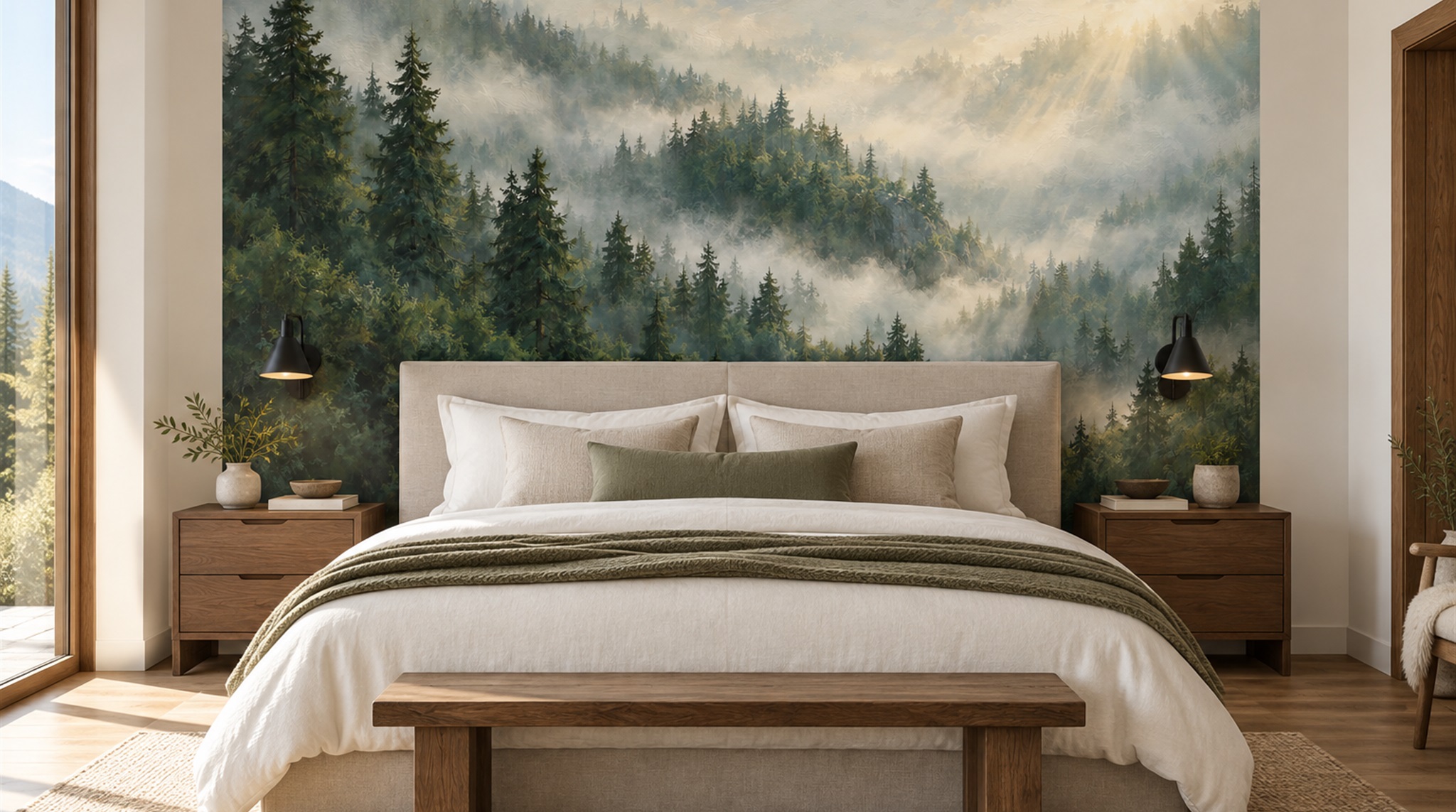 Red And Green Woodland Trees Wallpaper Mural Bedroom-wallpaper-murals, Peel-and-stick Finish