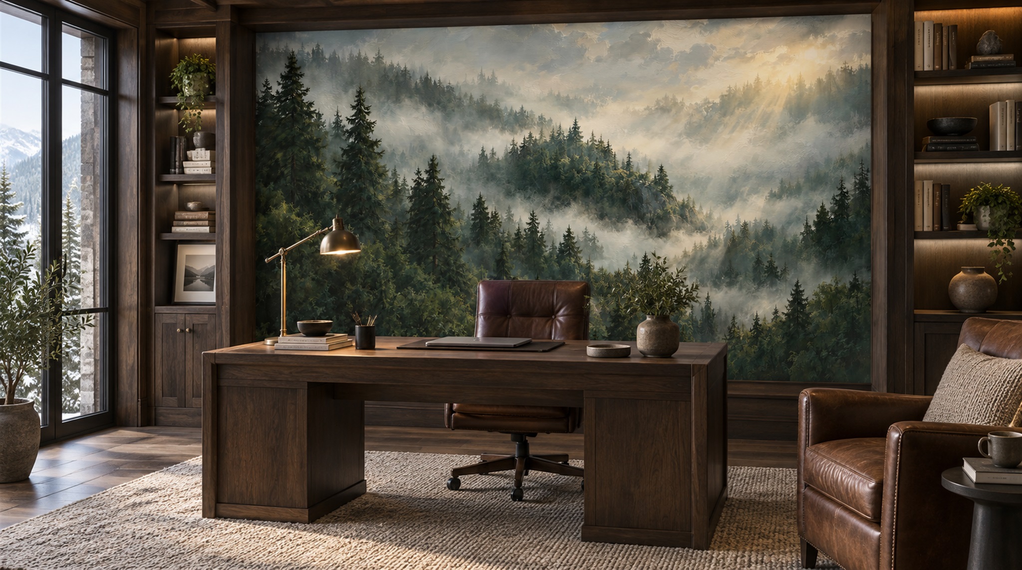 Red And Green Woodland Trees Wallpaper Mural Library-wallpaper-murals, Peel-and-stick Finish