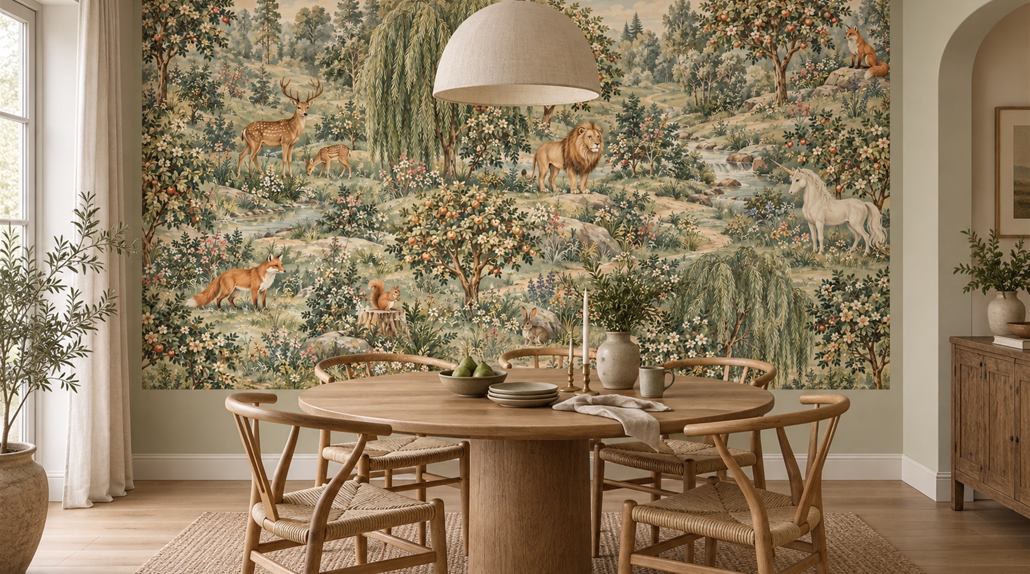 Red And Olive A Painterly Scenic View Wallpaper Mural Dining-room-wallpaper-murals, Shown In A Dining Room, Peel-and-stick Finish
