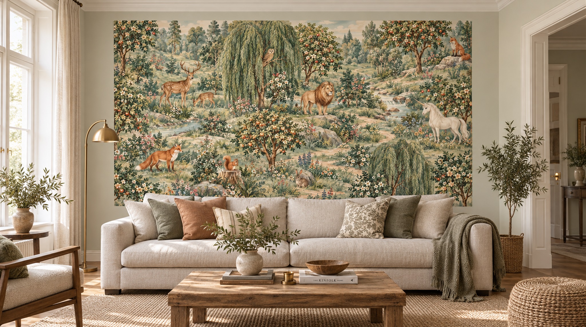 Red And Olive A Painterly Scenic View Wallpaper Mural Living-room-wallpaper-murals, Shown In A Living Room, Peel-and-stick Finish