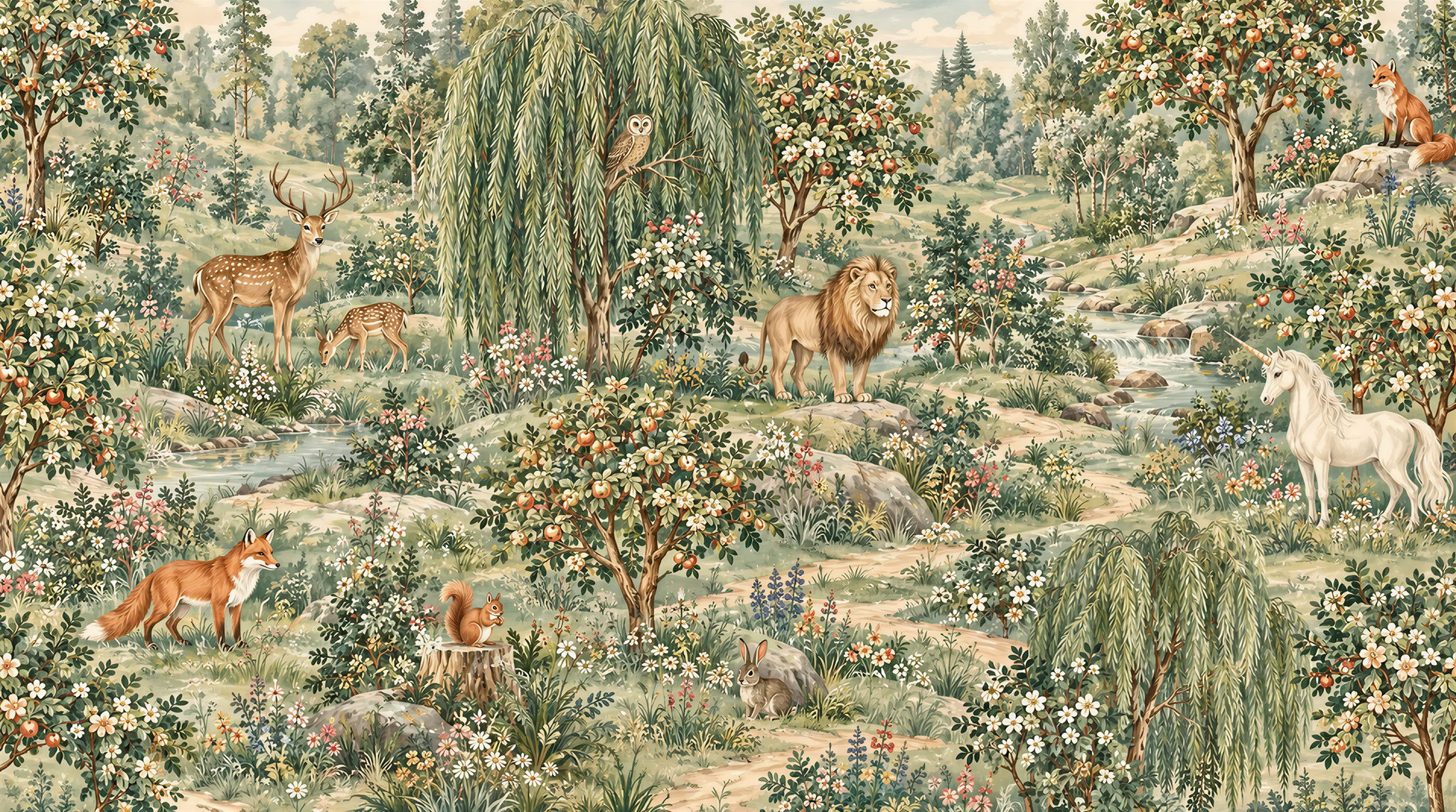 Woodland Wildlife And Wildflower Toile Wallpaper Mural — Wallpaper Mural Design, Peel-and-stick Finish