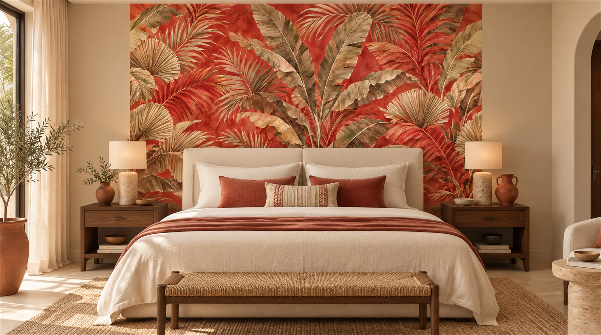 Red And Neutral Palm Leaves Wallpaper Mural Accent-wall-wallpaper-murals, Peel-and-stick Finish
