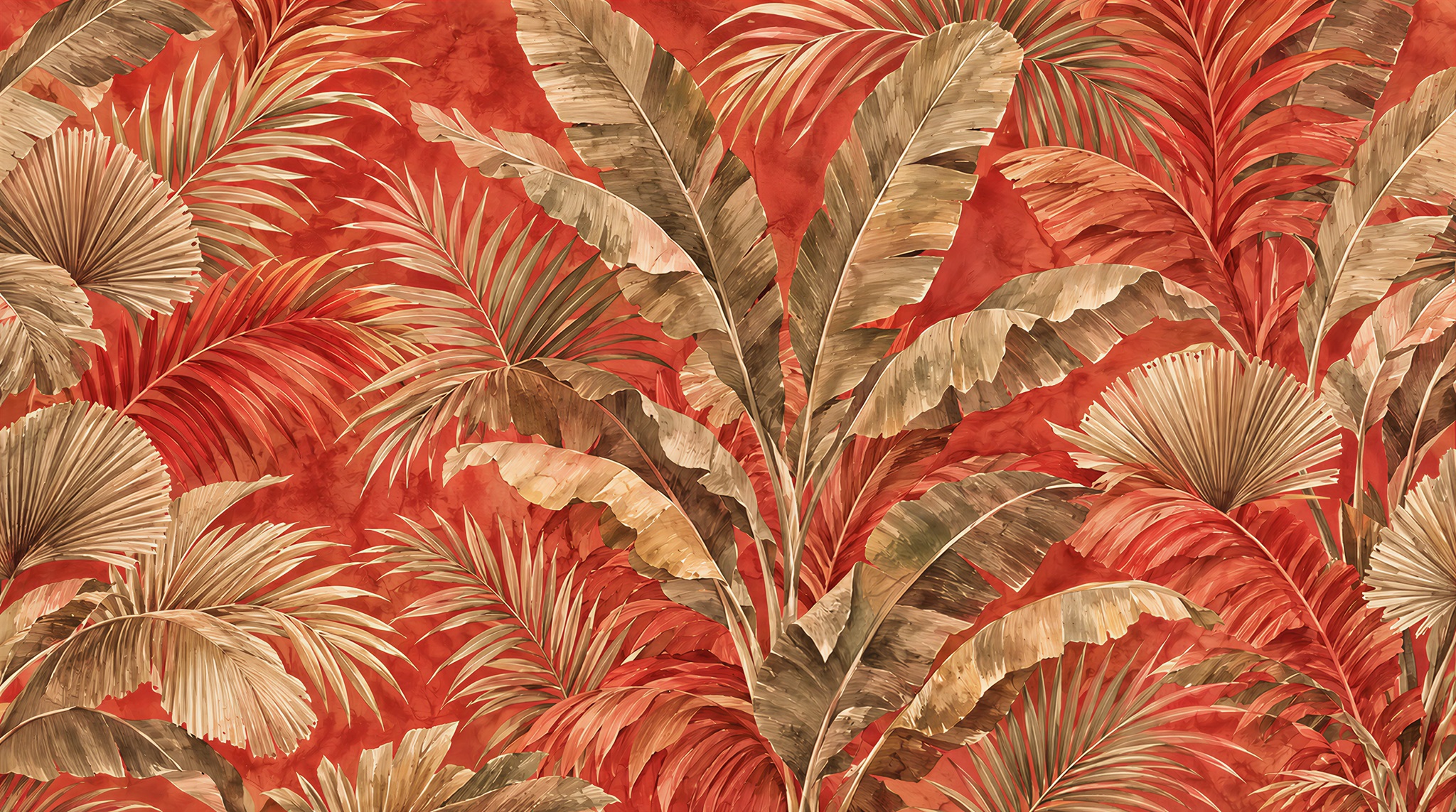 Rust Red Tropical Palm Frond Wallpaper Mural — Wallpaper Mural Design, Peel-and-stick Finish