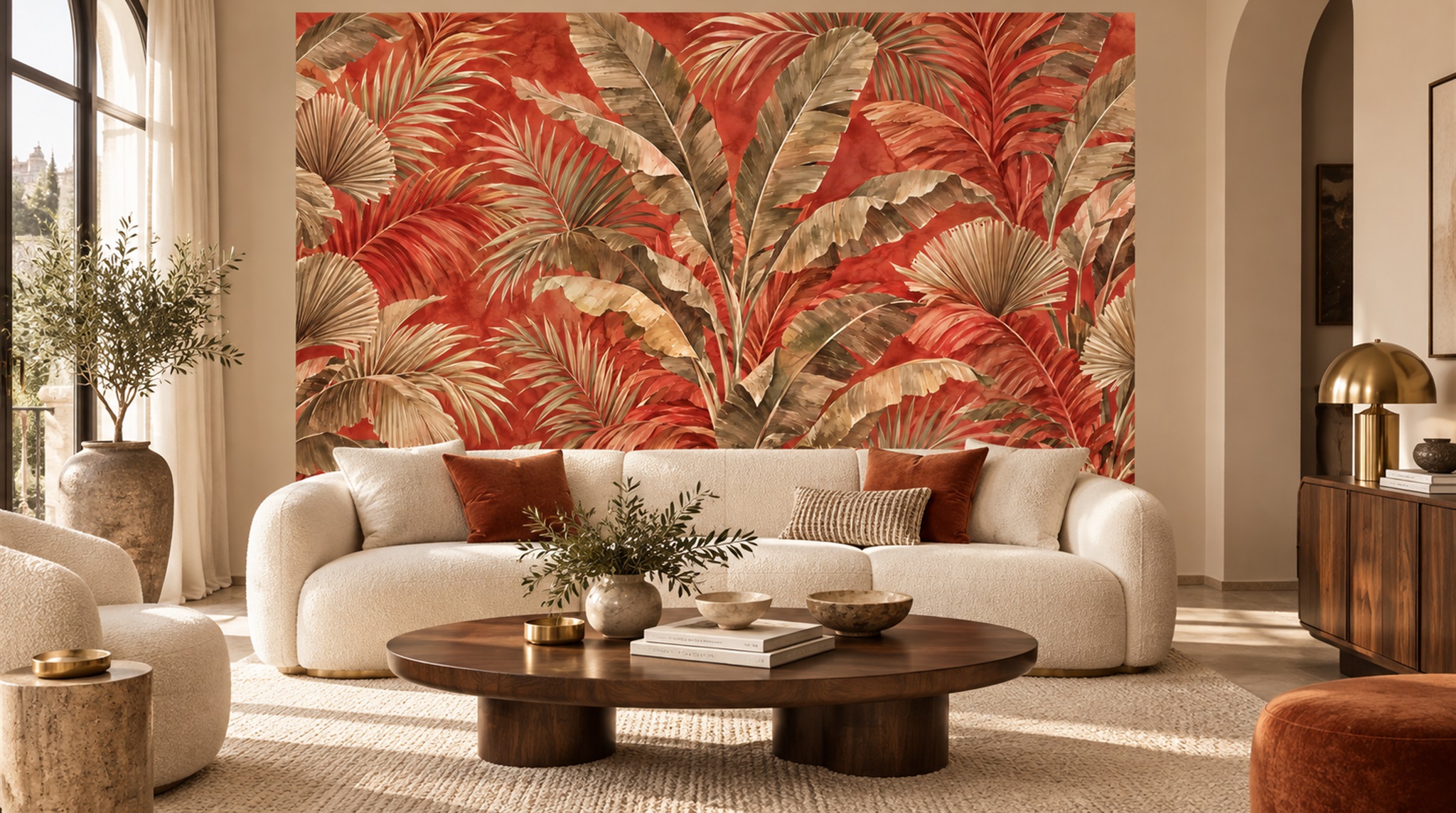 Red And Neutral Palm Leaves Wallpaper Mural Living-room-wallpaper-murals, Shown In A Living Room, Peel-and-stick Finish