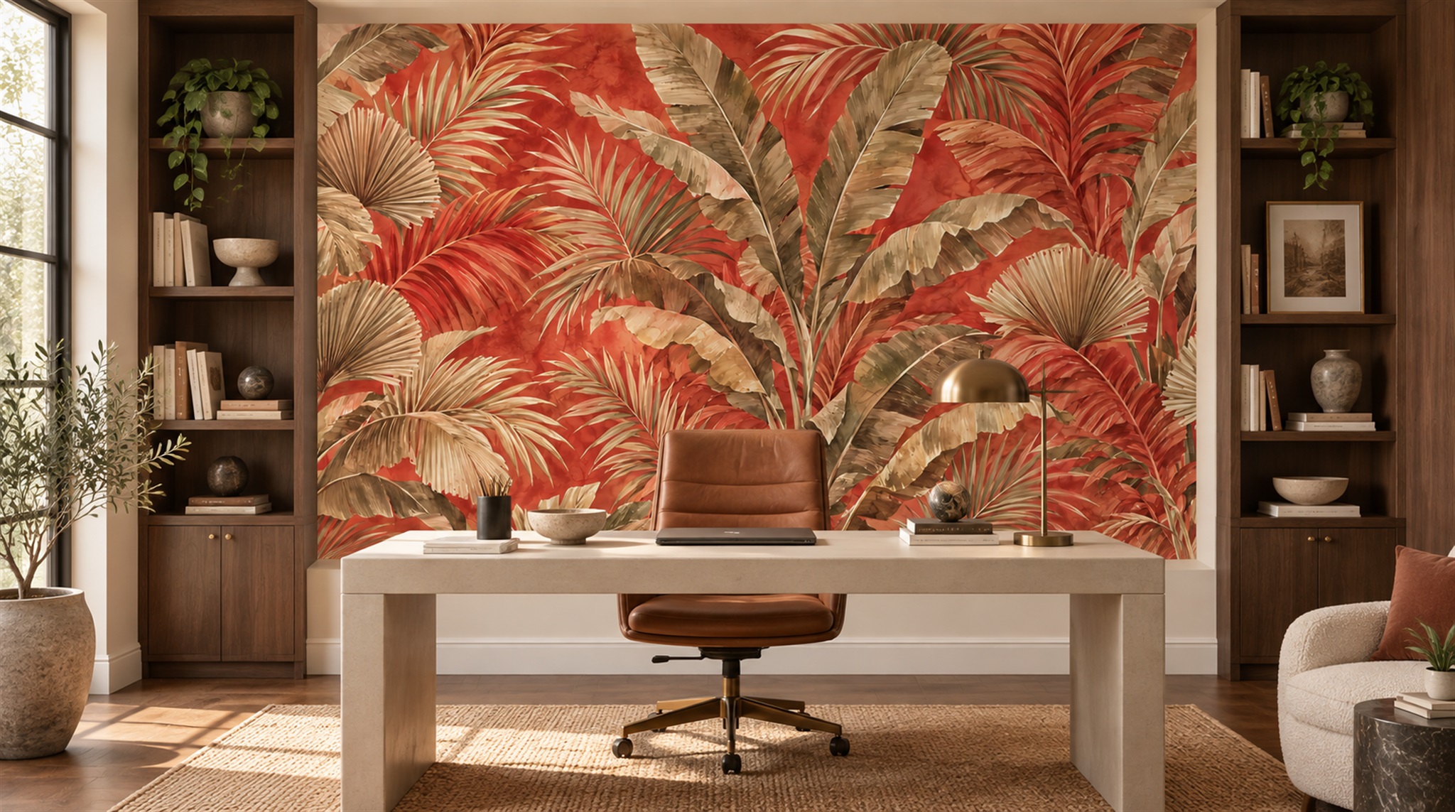 Red And Neutral Palm Leaves Wallpaper Mural Office-wallpaper-murals, Shown In A Home Office, Peel-and-stick Finish