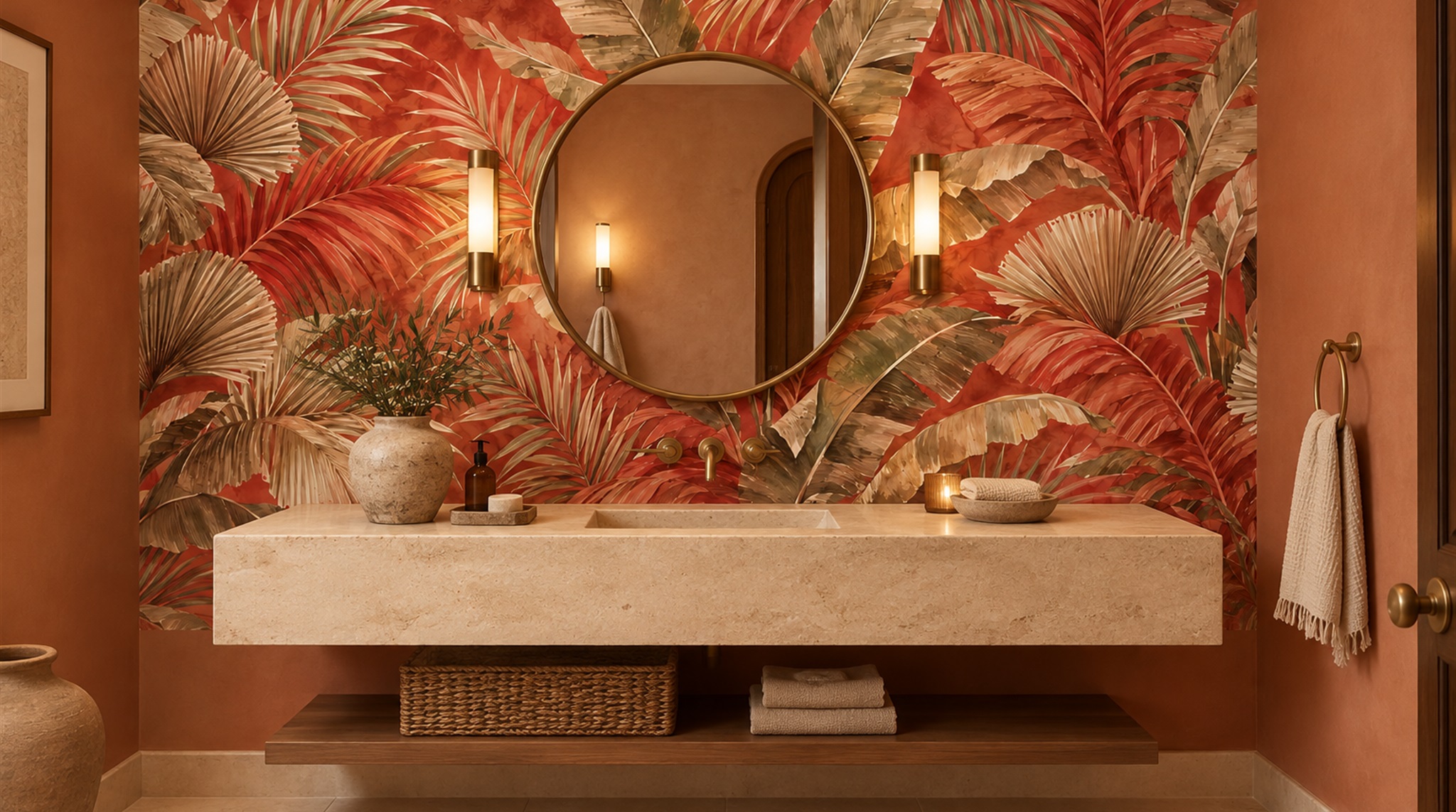 Red And Neutral Palm Leaves Wallpaper Mural Powder-room-wallpaper-murals, Peel-and-stick Finish