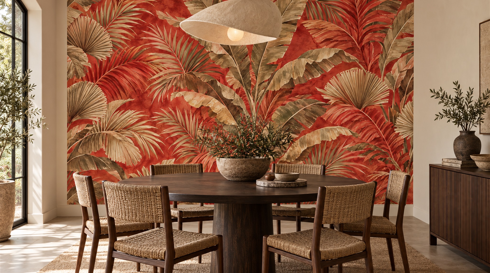 Red And Neutral Palm Leaves Wallpaper Mural Powder-room-wallpaper-murals, Peel-and-stick Finish