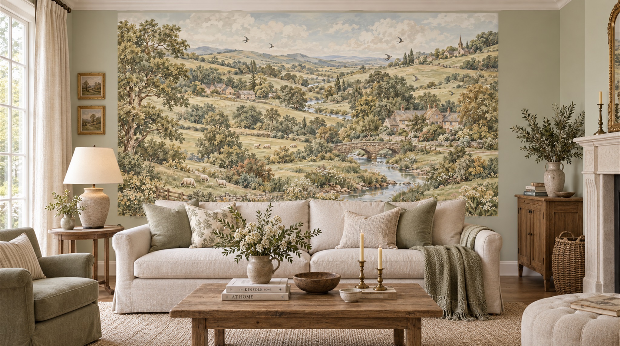 Red And Olive A Painterly Scenic View Living-room-wallpaper-murals, Shown In A Living Room, Peel-and-stick Finish